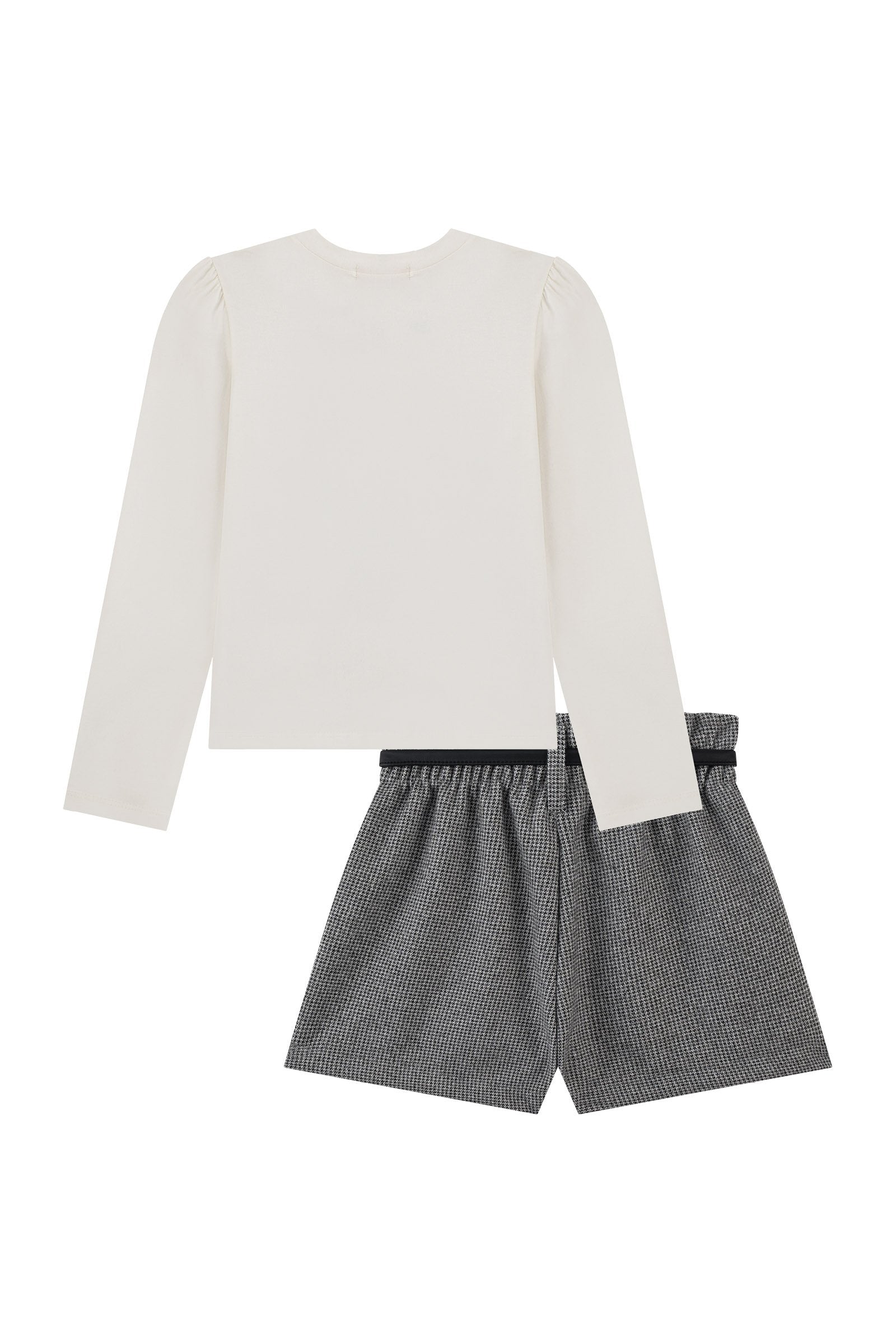 Conjunto de Blusa em Cotton e Shorts em Lã Pied de Poule 90672 Kukiê Infantil Menina