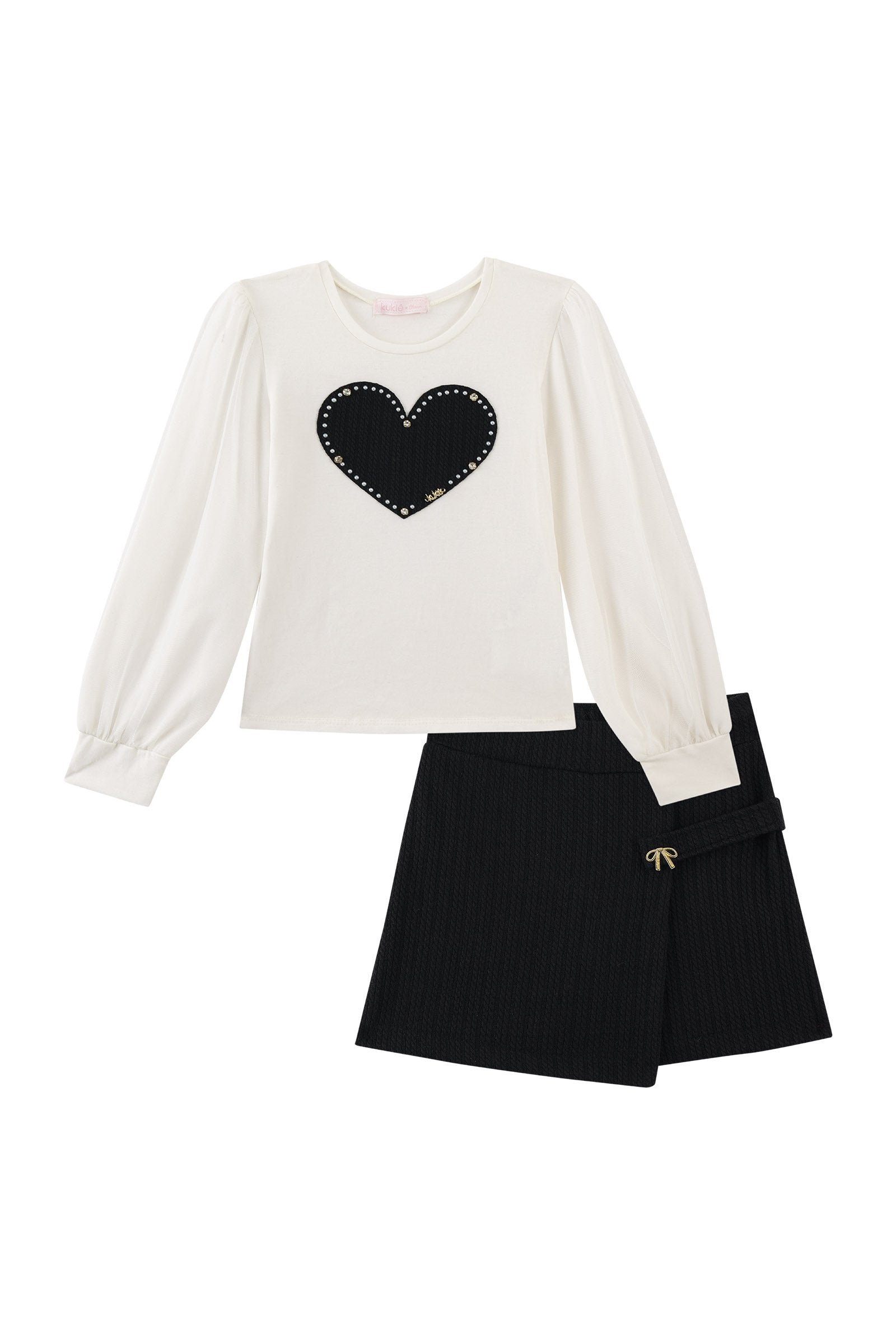 Conjunto de Blusa em Cotton e Tule com Elastano e Short Saia em Malha Jacquard Tricot 91813 Kukiê Infantil Menina