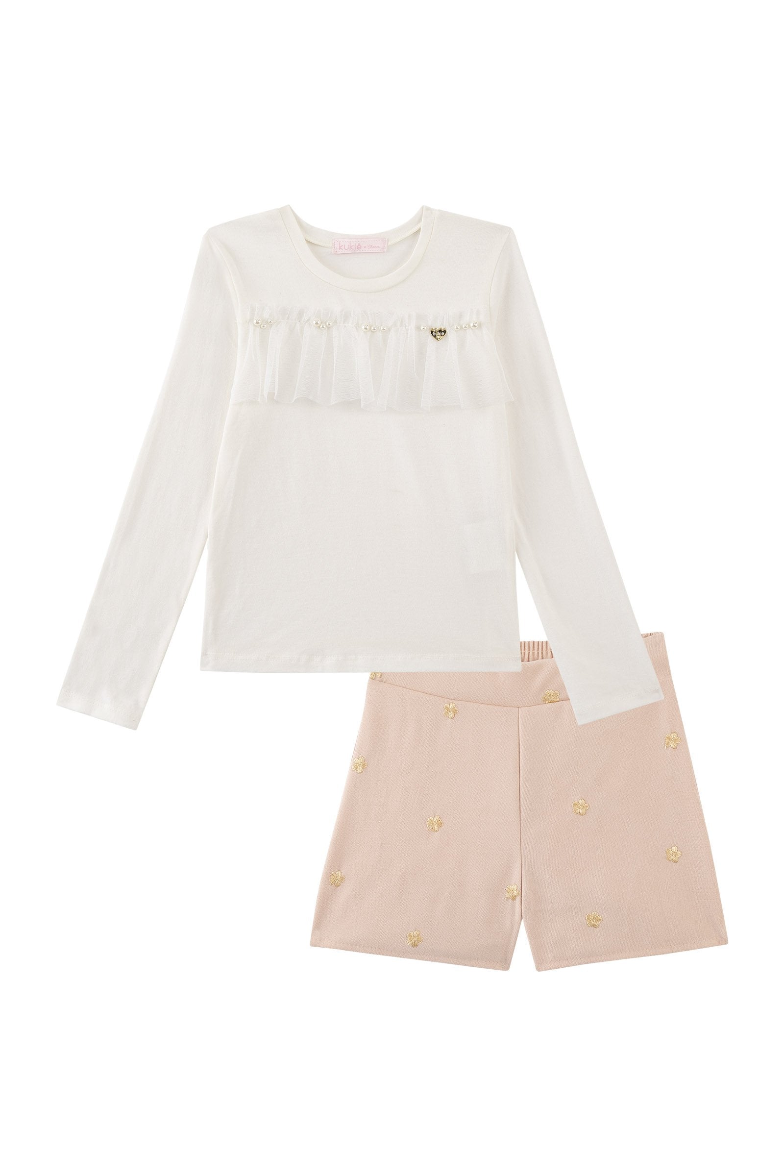 Conjunto de Blusa em Cotton e Tule e Shorts em Tecido Twill Bordado 92434 Kukiê Infantil Menina