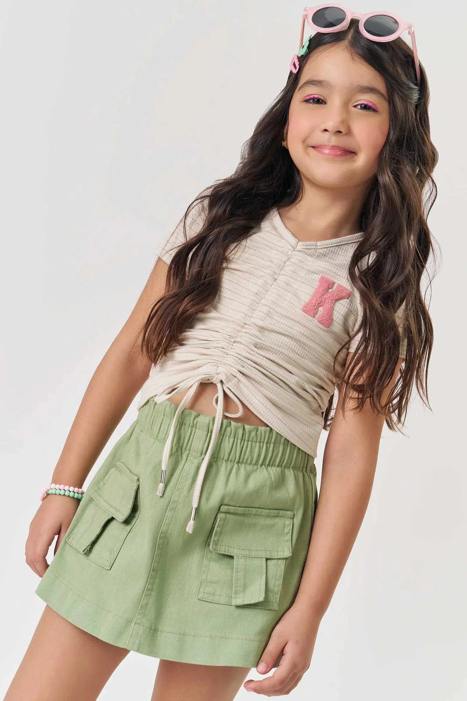 Conjunto Infantil Menina de Blusa em Cotton Trabalhado e Short Saia em Sarja com Elastano 82395 Kukiê