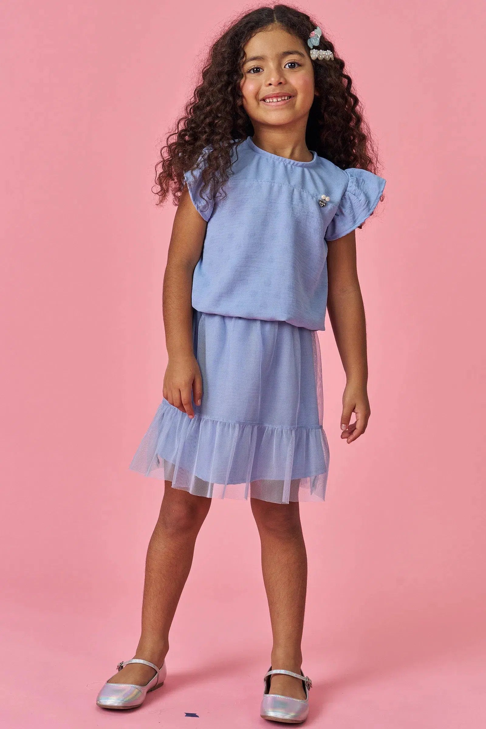 Conjunto Infantil Menina de Blusa em Crepe Dots e Saia em Tule com Elastano (acompanha Shorts) 82371 Kukiê