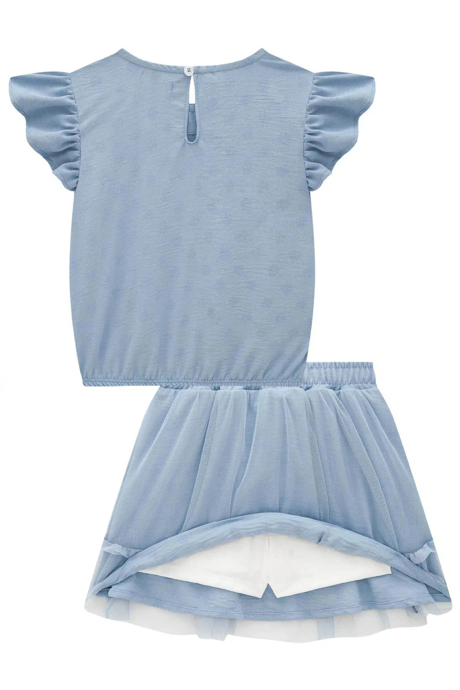 Conjunto Infantil Menina de Blusa em Crepe Dots e Saia em Tule com Elastano (acompanha Shorts) 82371 Kukiê