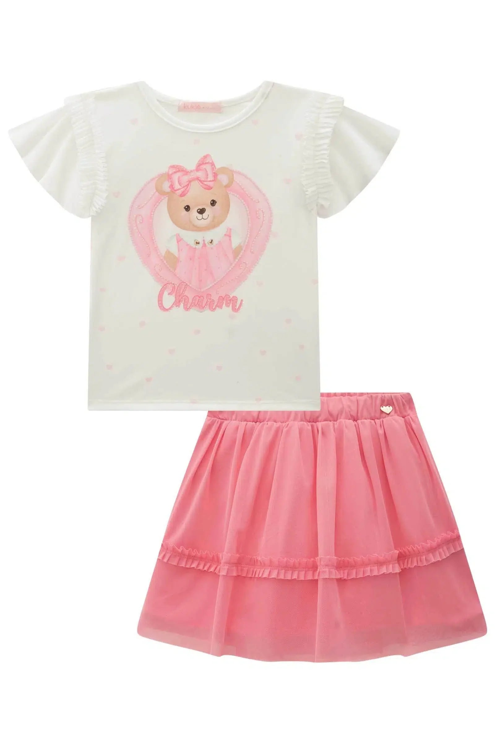 Conjunto Infantil Menina de Blusa em Malha Power e Saia em Tule com Elastano 81682 Kukiê