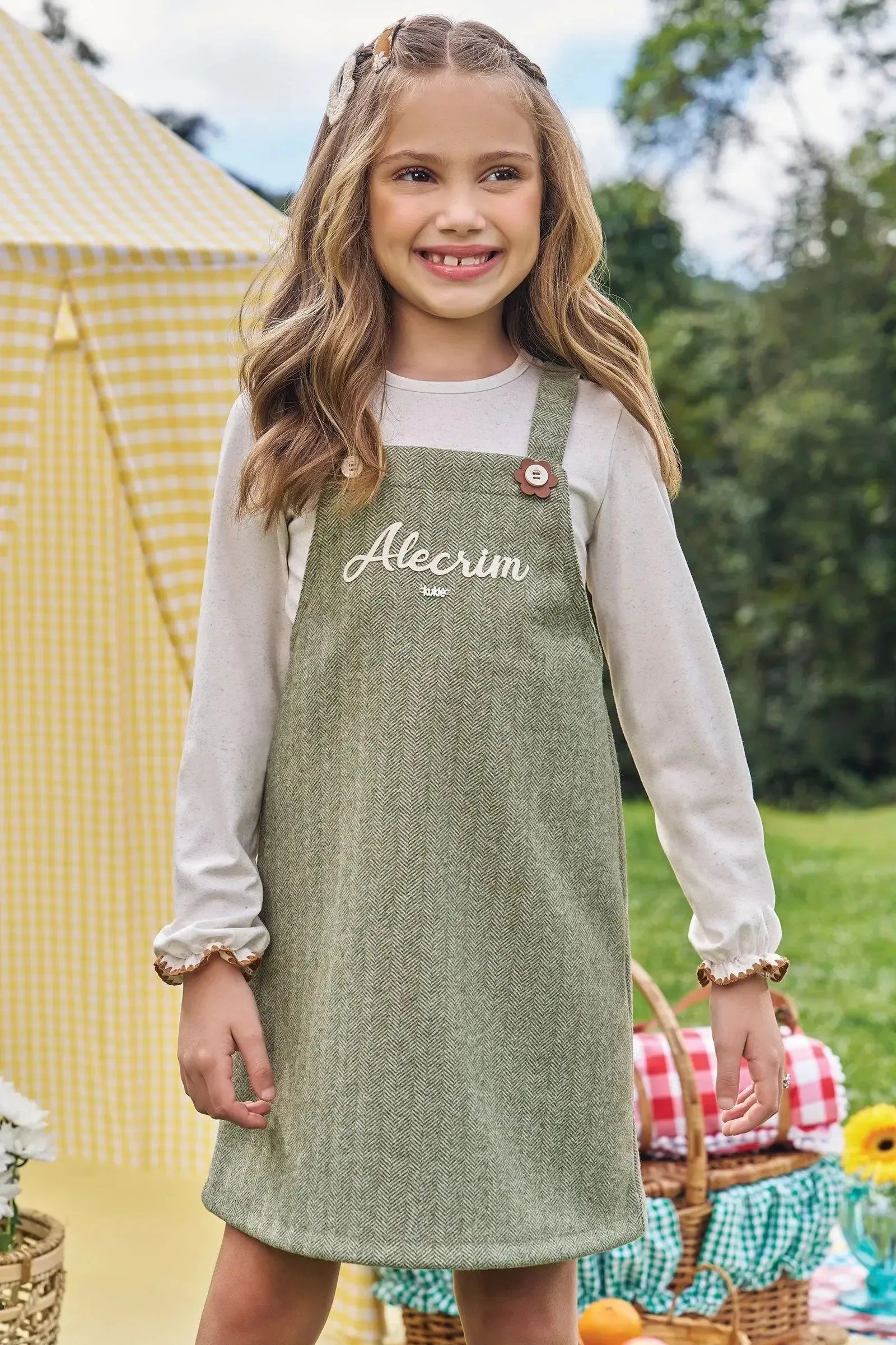 Conjunto de Blusa em Malha Power e Salopete em Tecido Chevron 90267 Kukiê Infantil Menina