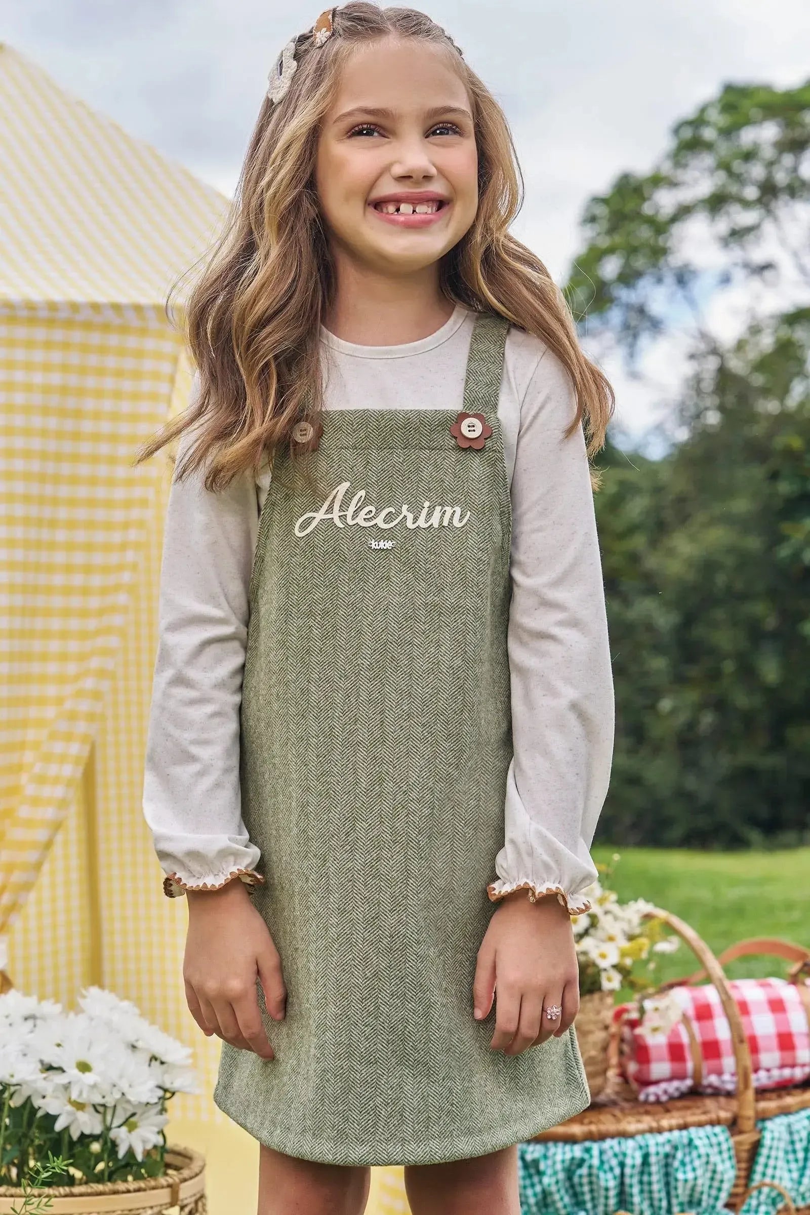 Conjunto de Blusa em Malha Power e Salopete em Tecido Chevron 90267 Kukiê Infantil Menina
