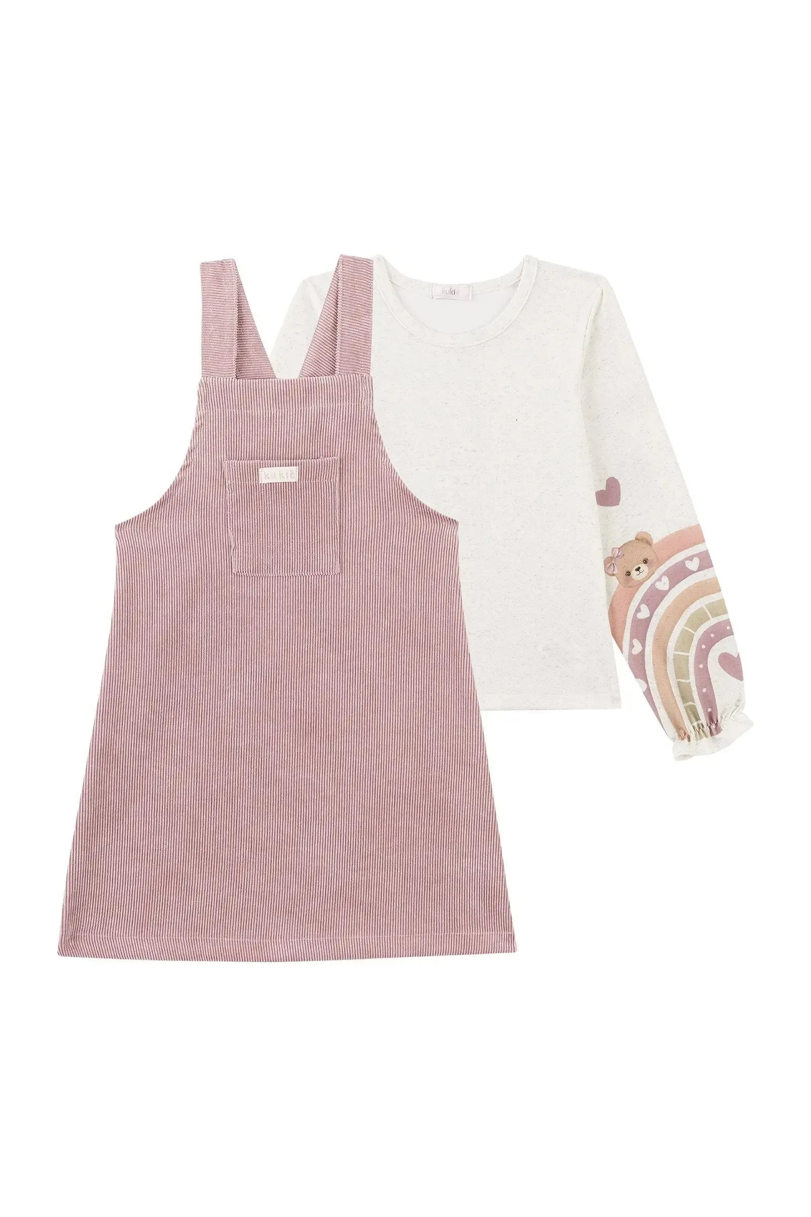 Conjunto de Blusa em Malha Power e Salopete em Veludo Cotelê 92771 Kukiê Infantil Menina