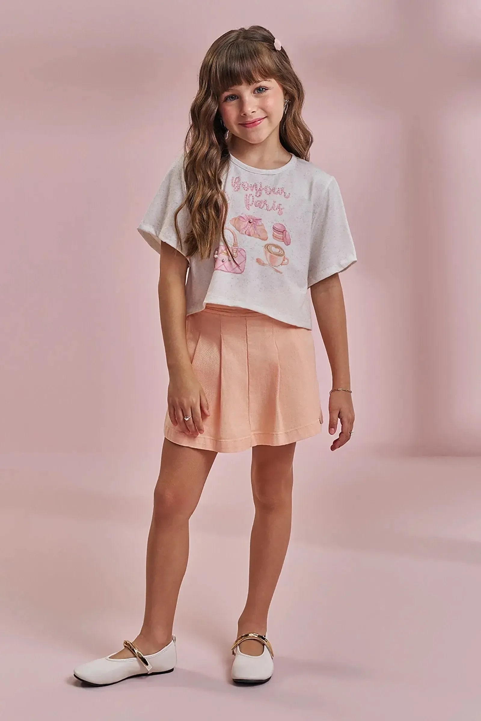 Conjunto de Blusa em Malha Power e Short Saia em Sarja com Elastano 96788 Kukiê Infantil Menina