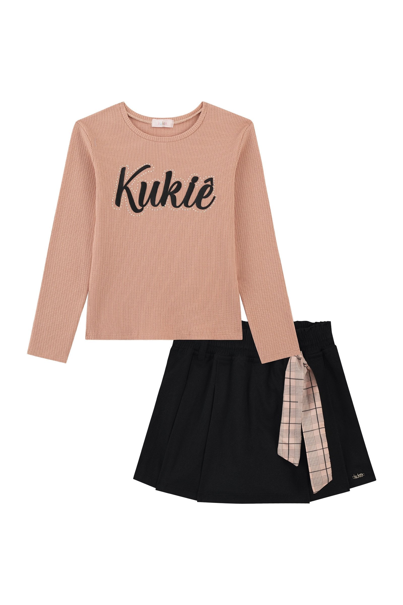 Conjunto de Blusa em Malha Waffle e Short Saia em Sarja com Elastano 92652 Kukiê Infantil Menina