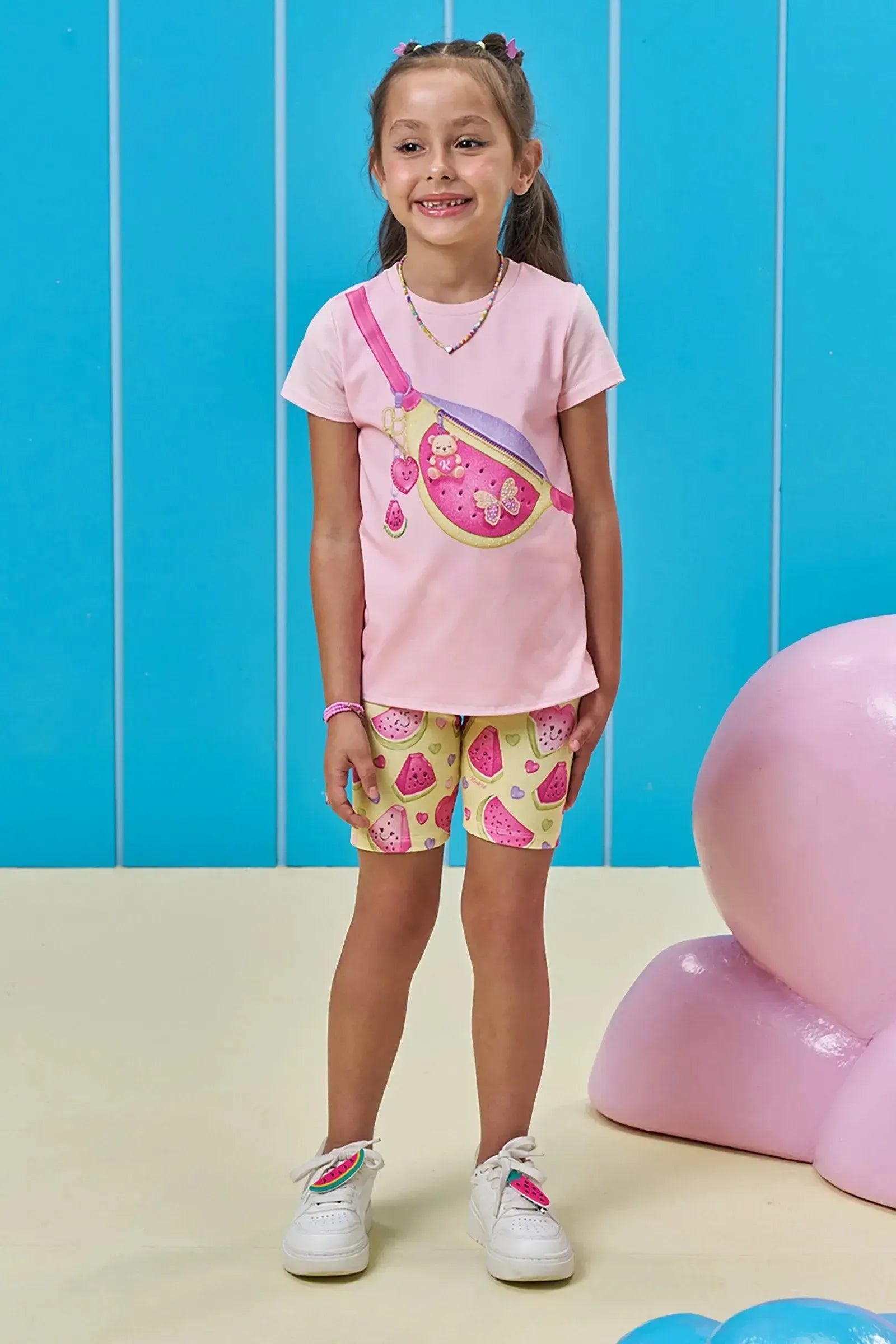 Conjunto de Blusa em Meia Malha e Bermuda Biker em Molecotton 96406 Kukiê Infantil Menina