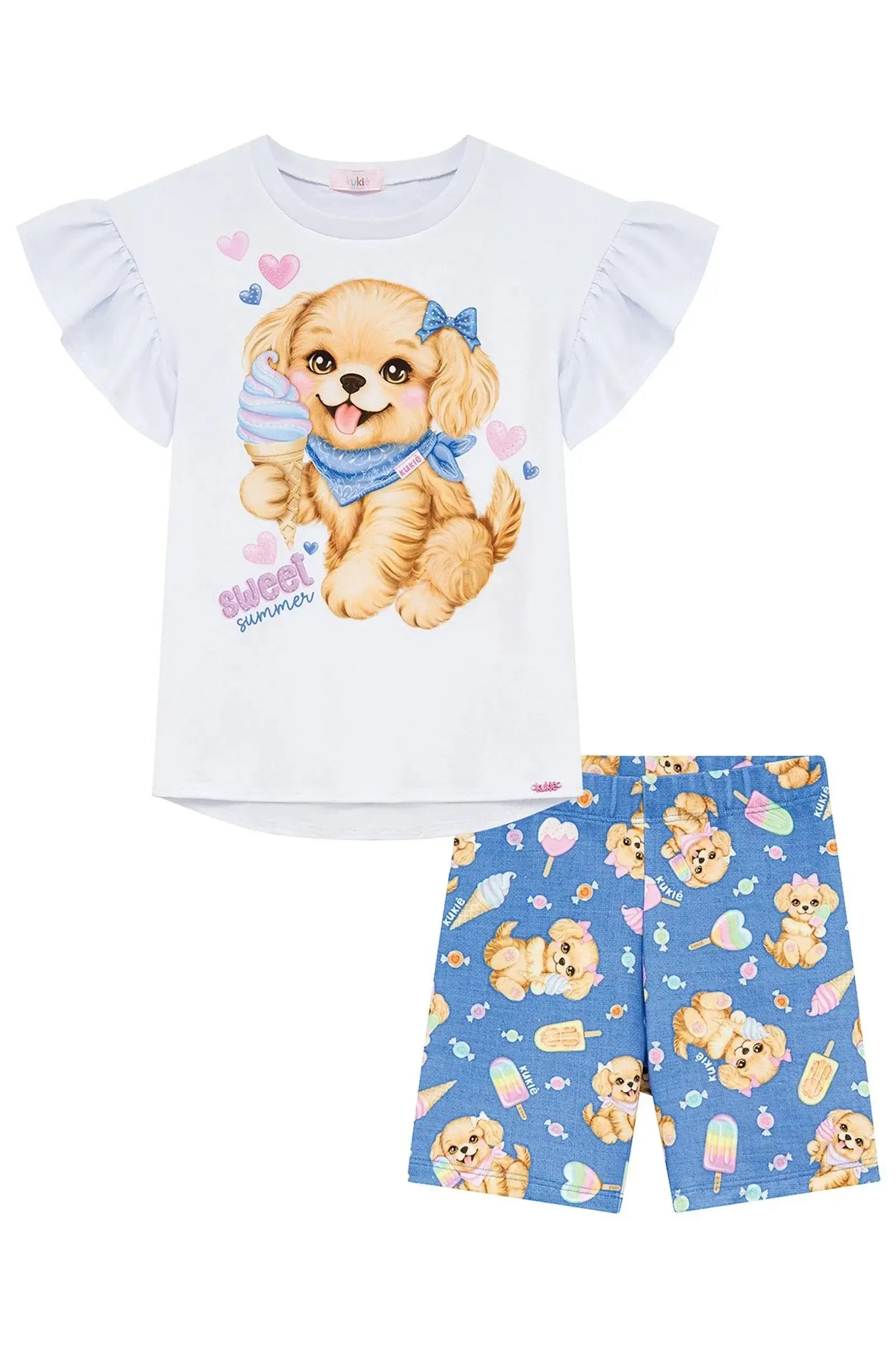 Conjunto de Blusa em Meia Malha e Bermuda Biker em Molecotton 96679 Kukiê Infantil Menina