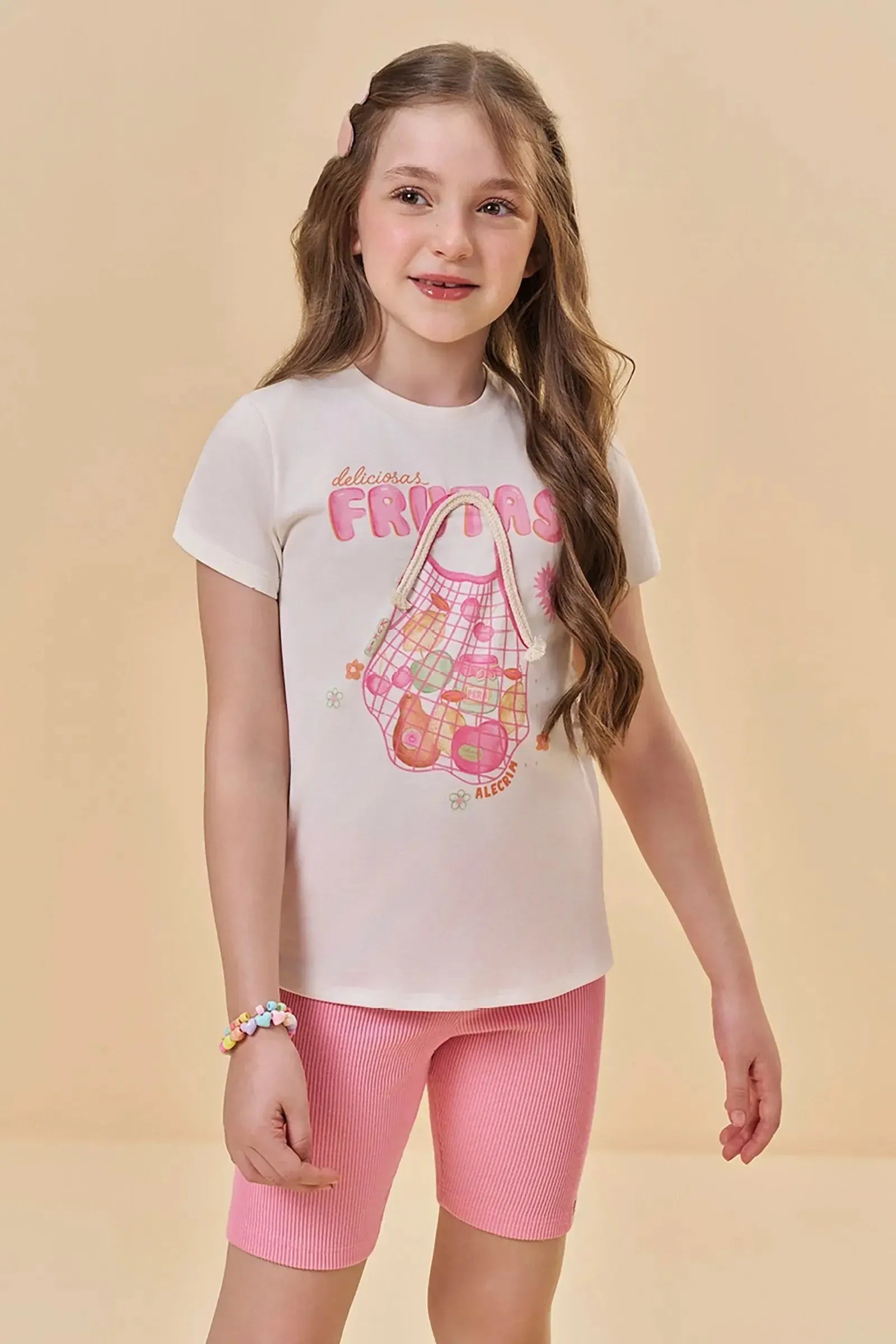 Conjunto de Blusa em Meia Malha e Bermuda Biker em Soft Line 95541 Kukiê Infantil Menina