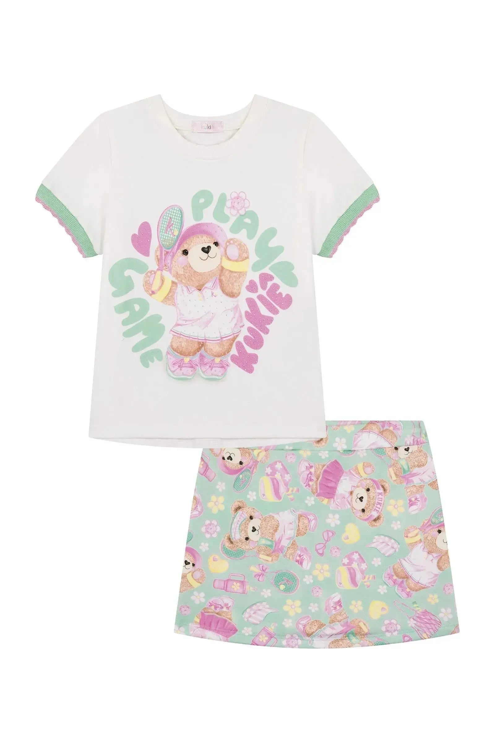 Conjunto de Blusa em Meia Malha e Short Saia em Molecotton 88737 Kukiê Infantil Menina