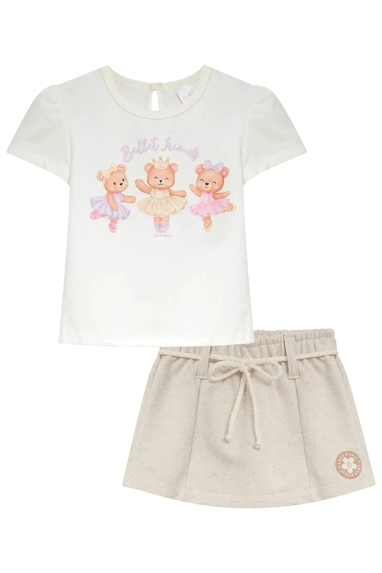 Conjunto de Blusa em Meia Malha e Short Saia em Moletom Linho sem Pelúcia 95240 Kukiê Infantil Menina