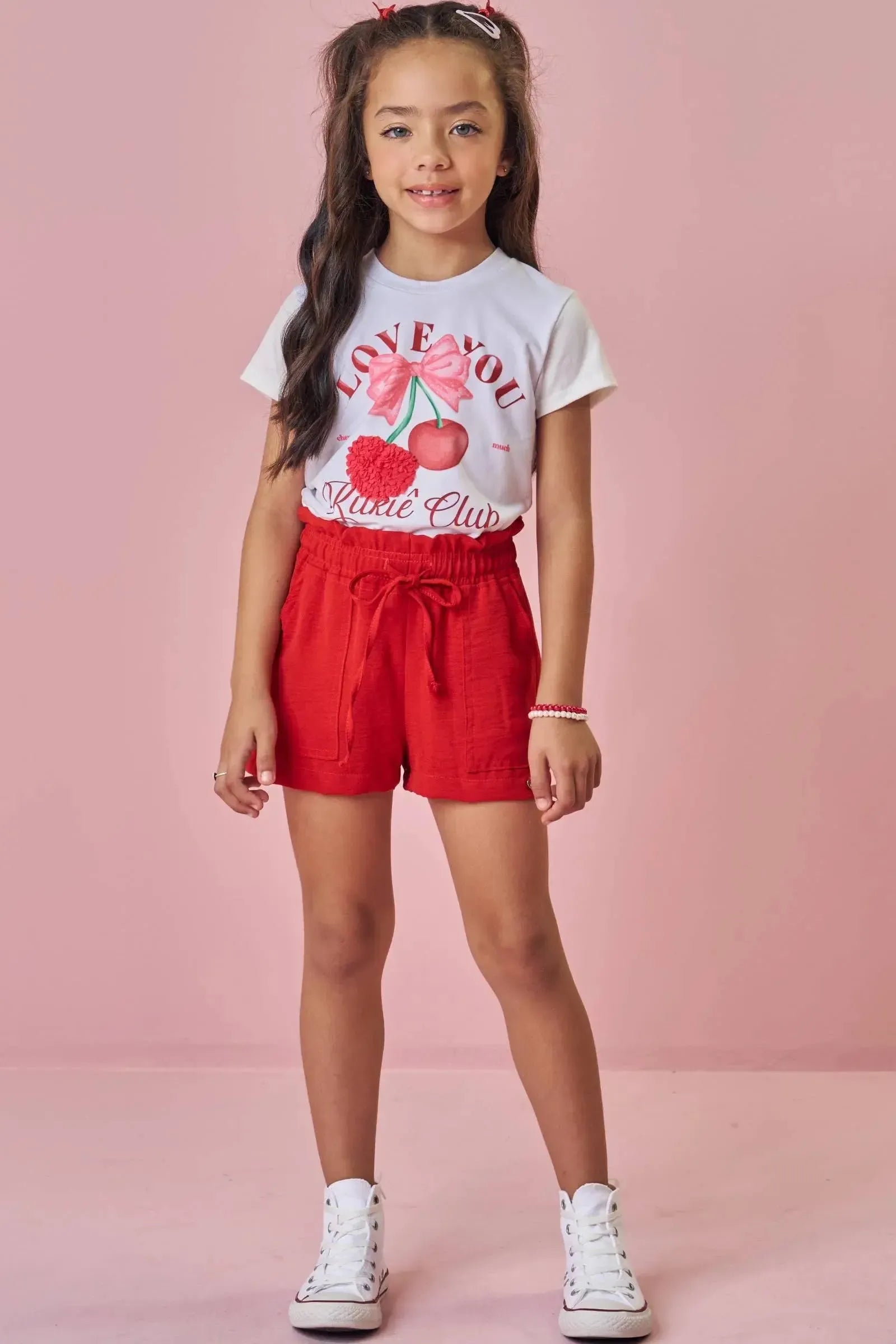 Conjunto de Blusa em Meia Malha e Shorts em Air Flow 88062 Kukiê Infantil Menina