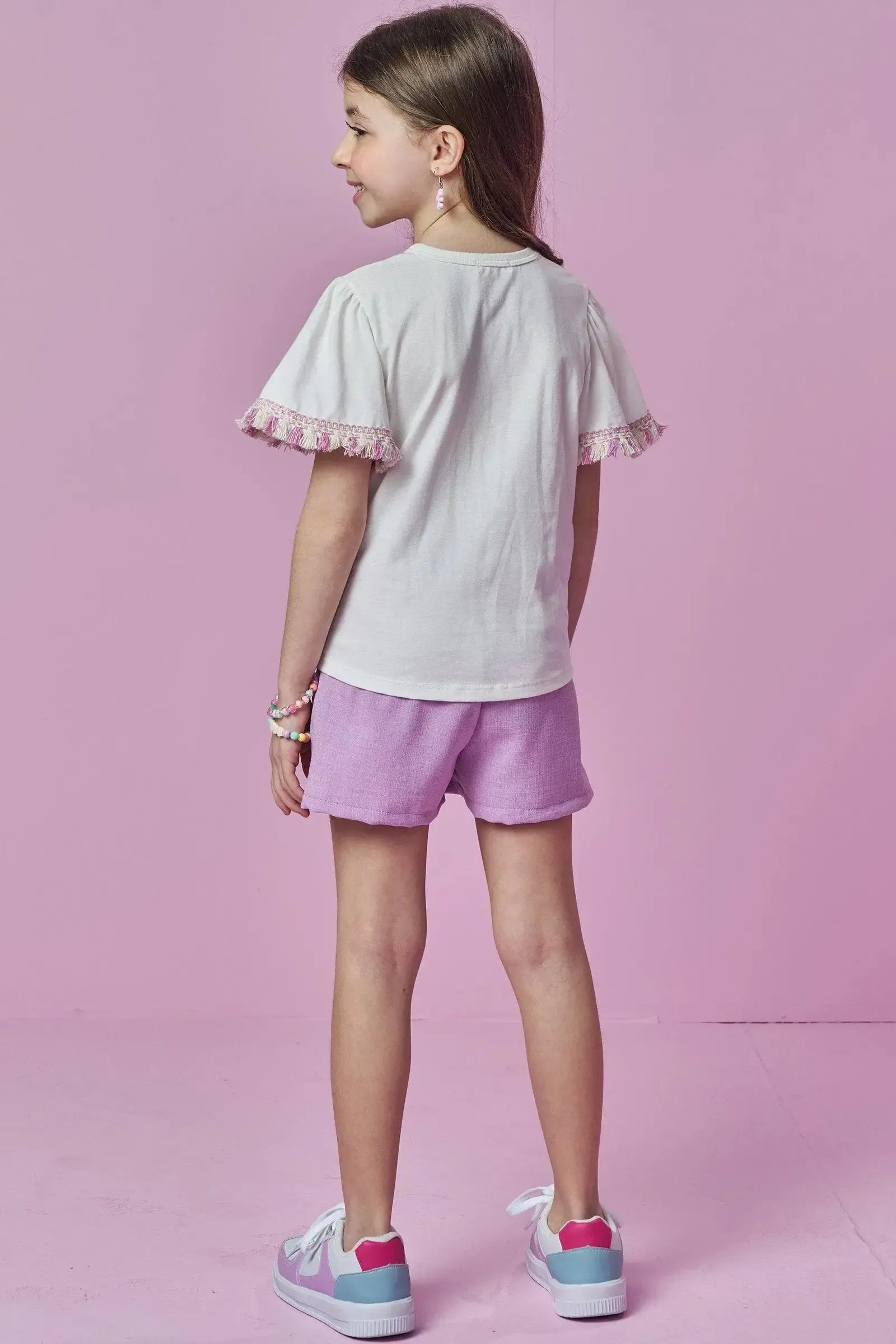 Conjunto de Blusa em Meia Malha e Shorts em Linho Rústico 93681 Kukiê Infantil Menina