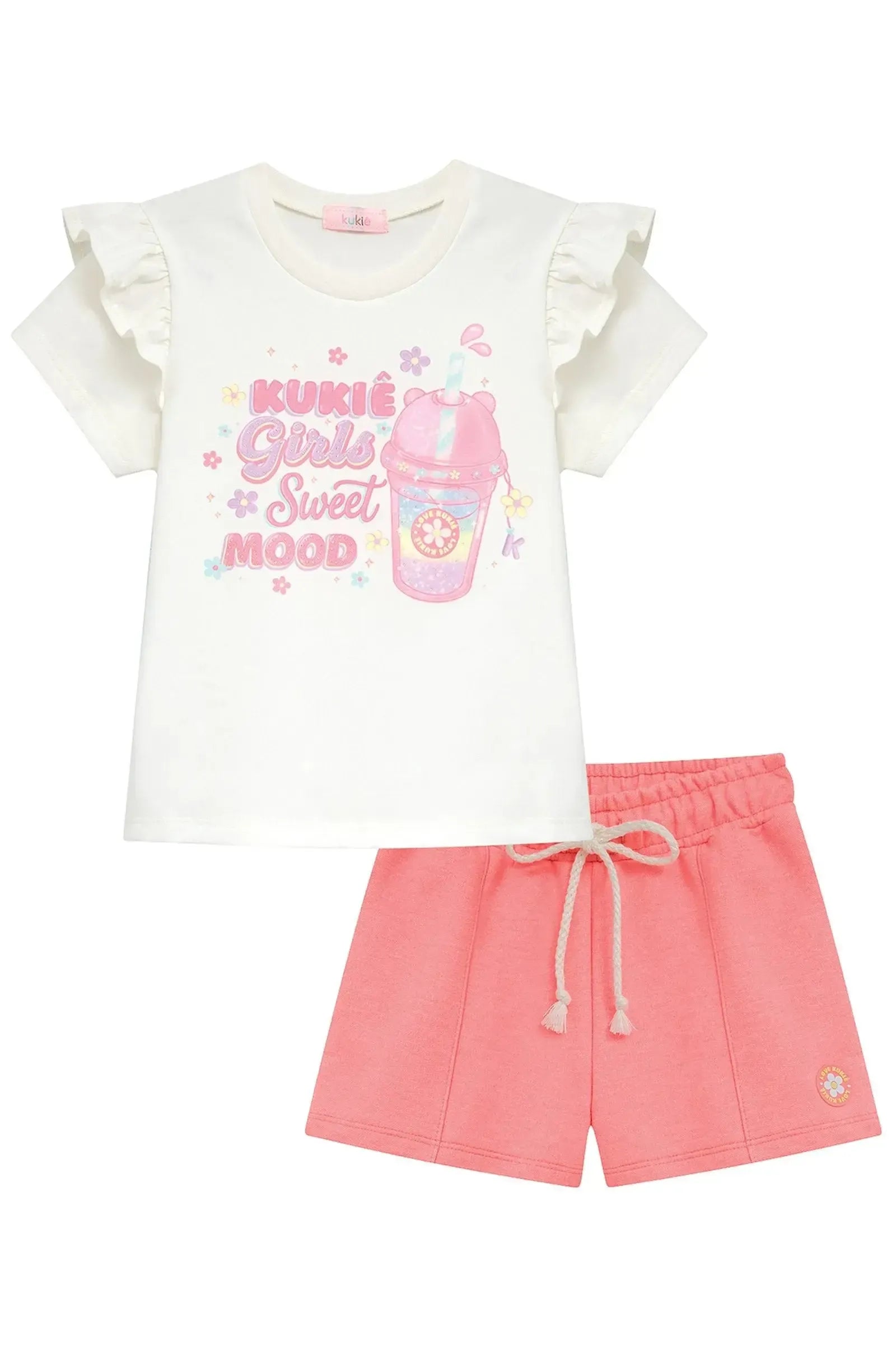 Conjunto de Blusa em Meia Malha e Shorts em Moletom 96362 Kukiê Infantil Menina