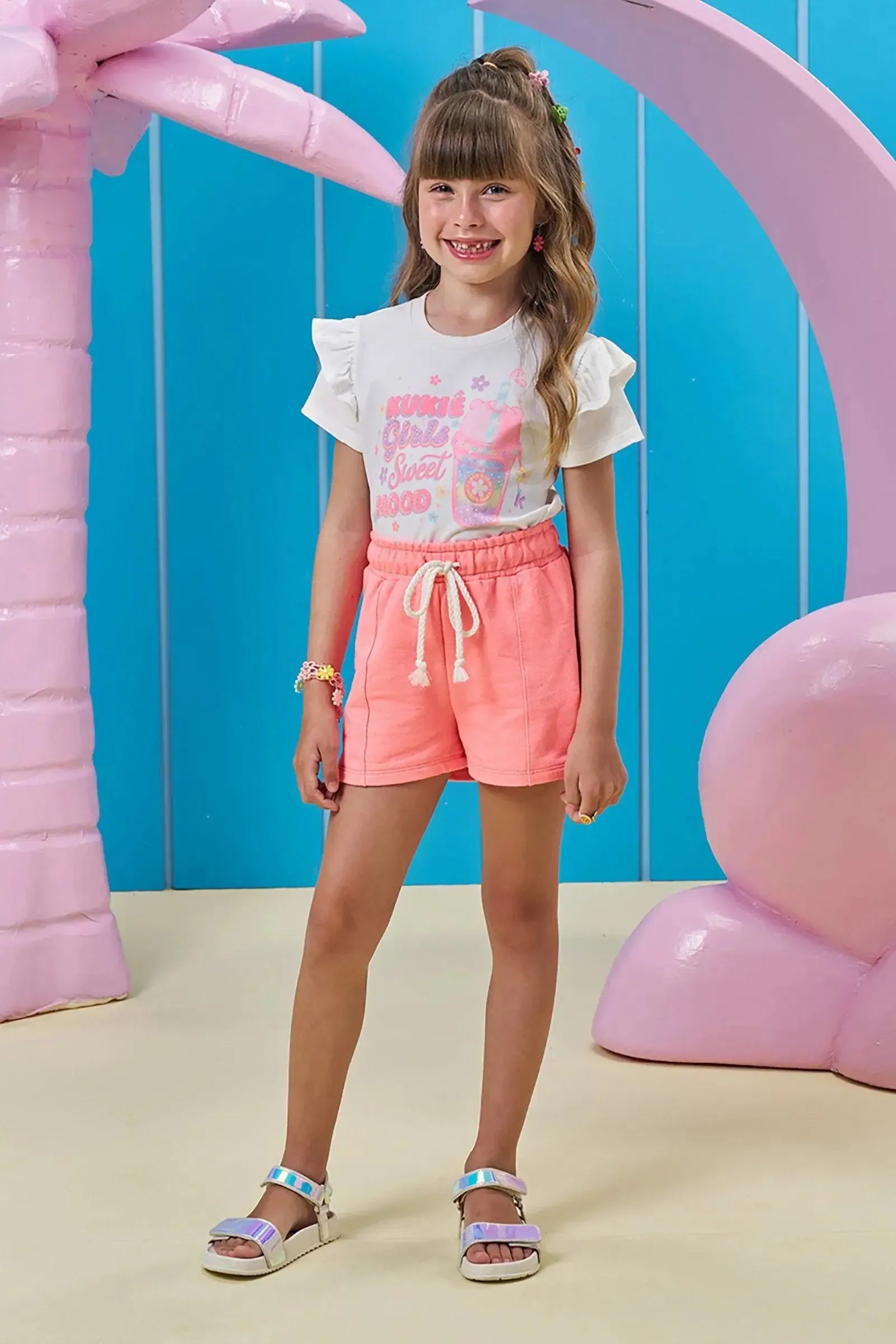 Conjunto de Blusa em Meia Malha e Shorts em Moletom 96362 Kukiê Infantil Menina