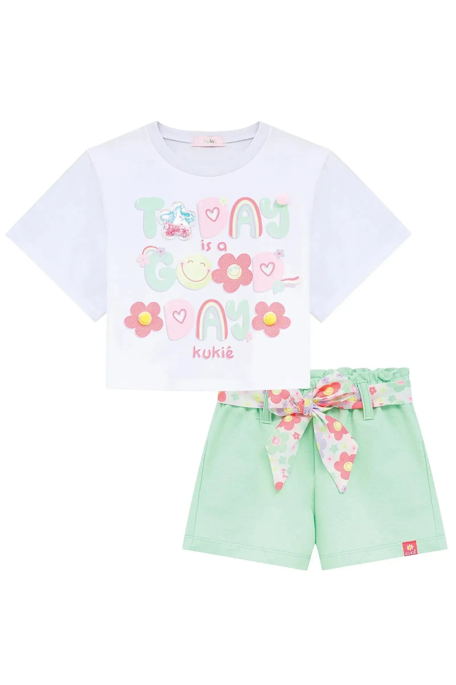 Conjunto de Blusa em Meia Malha e Shorts em Moletom sem Pelúcia 96580 Kukiê Infantil Menina