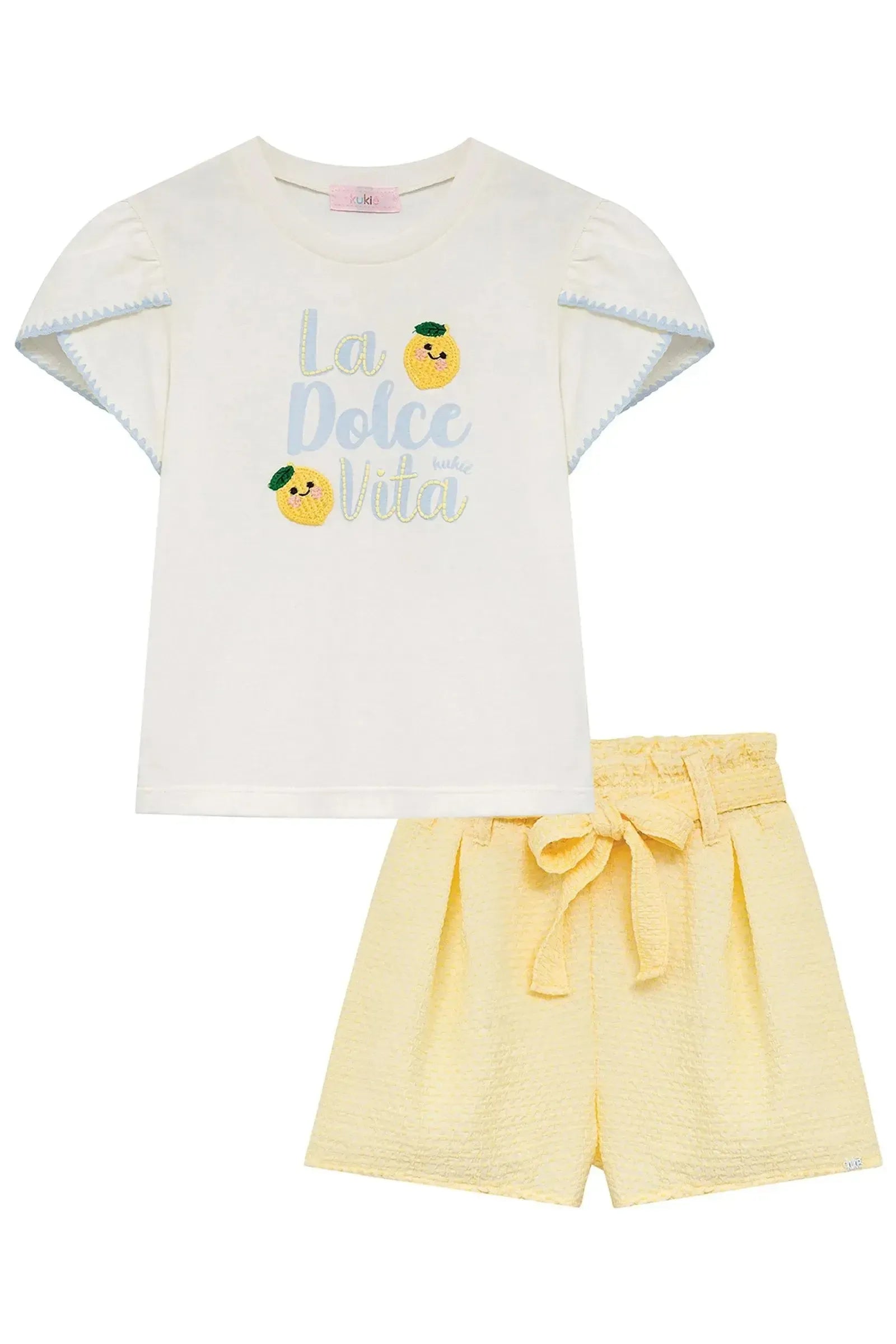Conjunto de Blusa em Meia Malha e Shorts em Tecido Texturizado 95097 Kukiê Infantil Menina