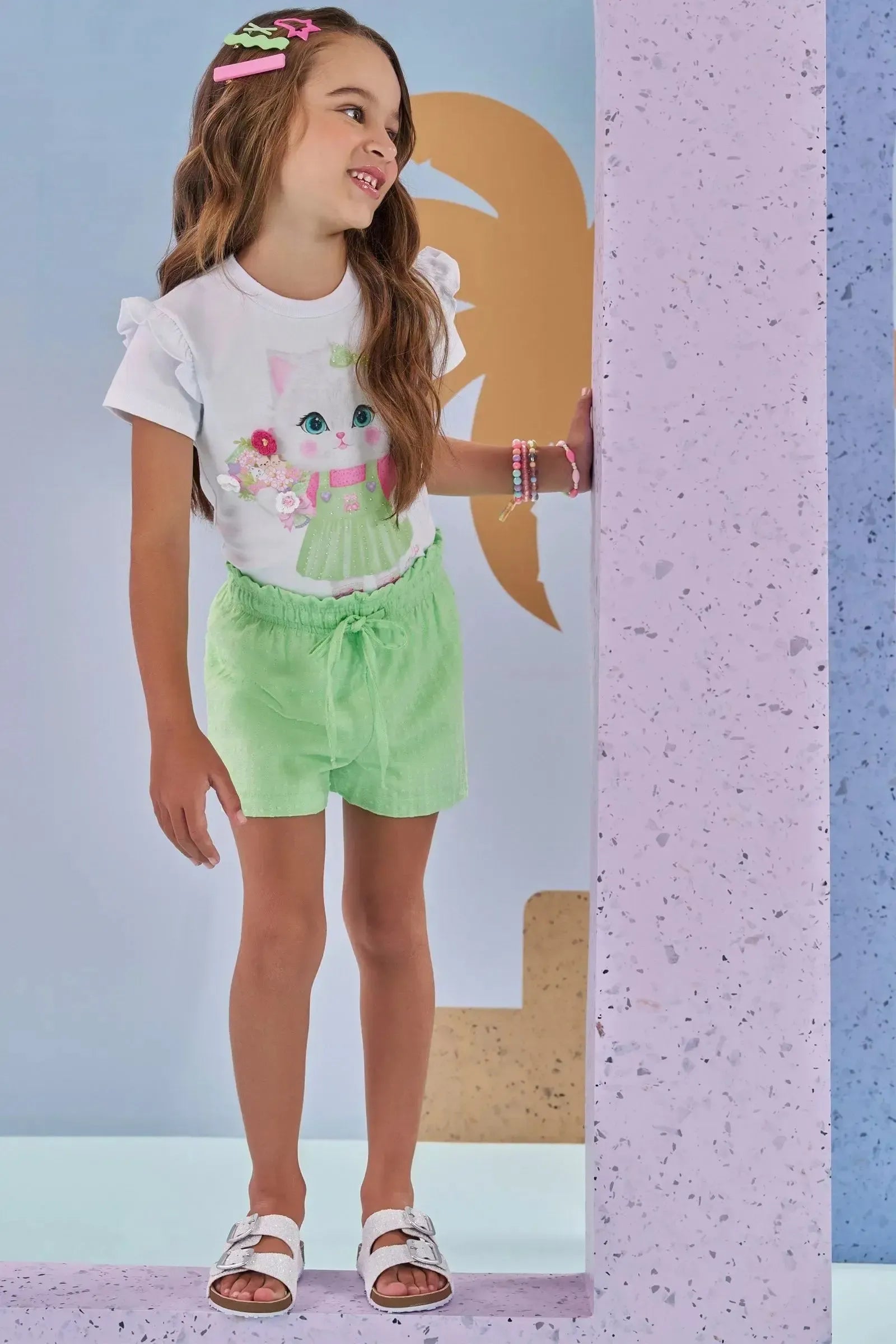 Conjunto de Blusa em Meia Malha e Shorts em Tricoline com Textura 100% Algodão 88178 Kukiê Infantil Menina