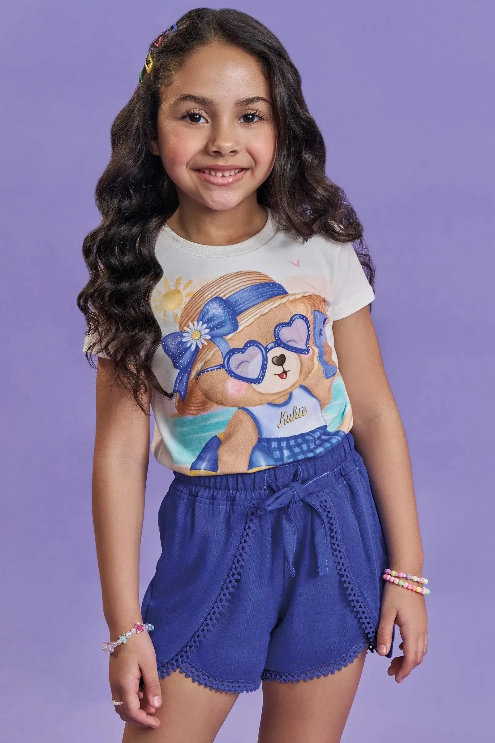 Conjunto de Blusa em Meia Malha e Shorts em Viscose 93675 Kukiê Infantil Menina
