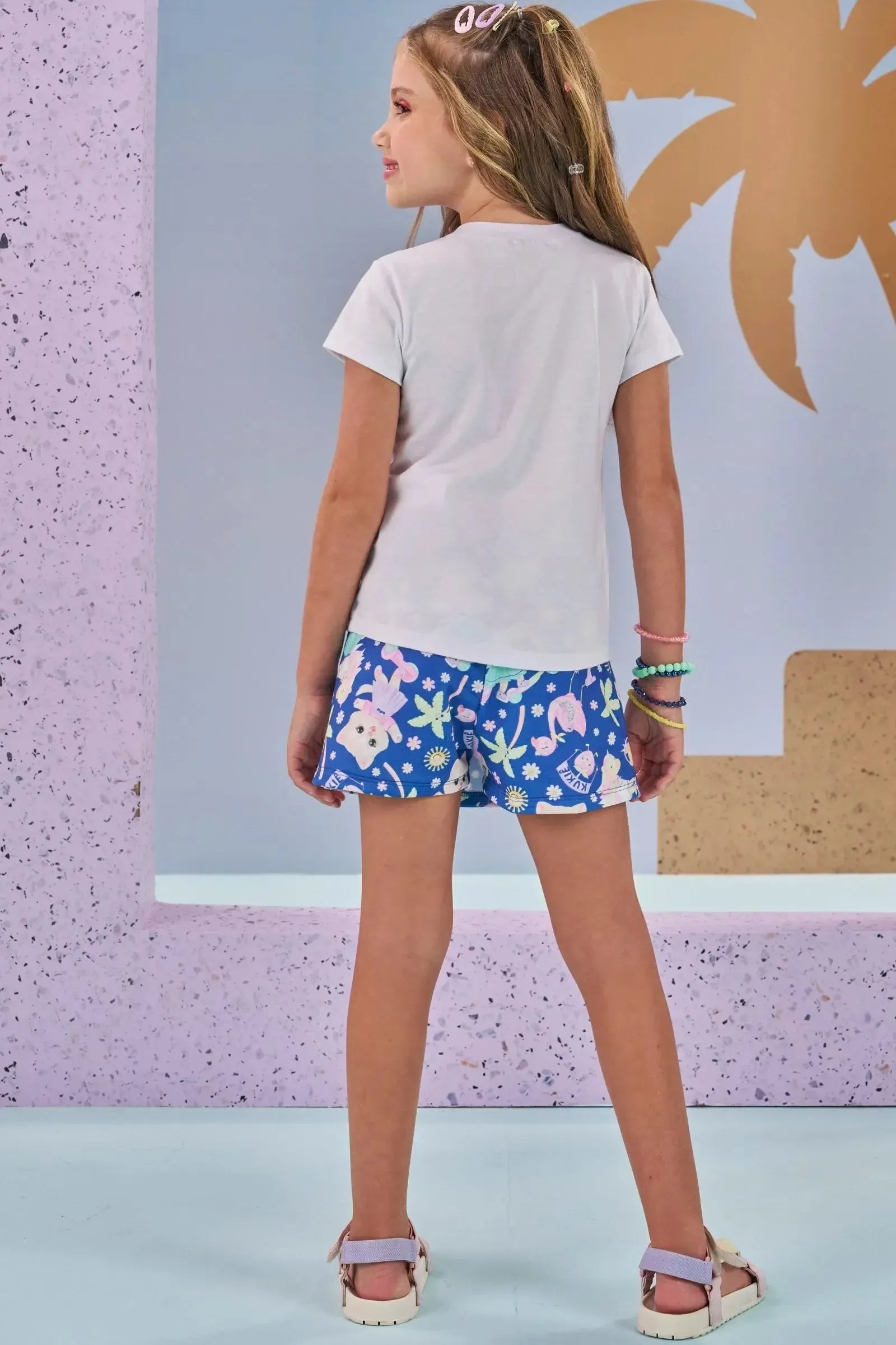 Conjunto de Blusa em Meia Malha e Shorts Saia em Molecotton 88215 Kukiê Infantil Menina