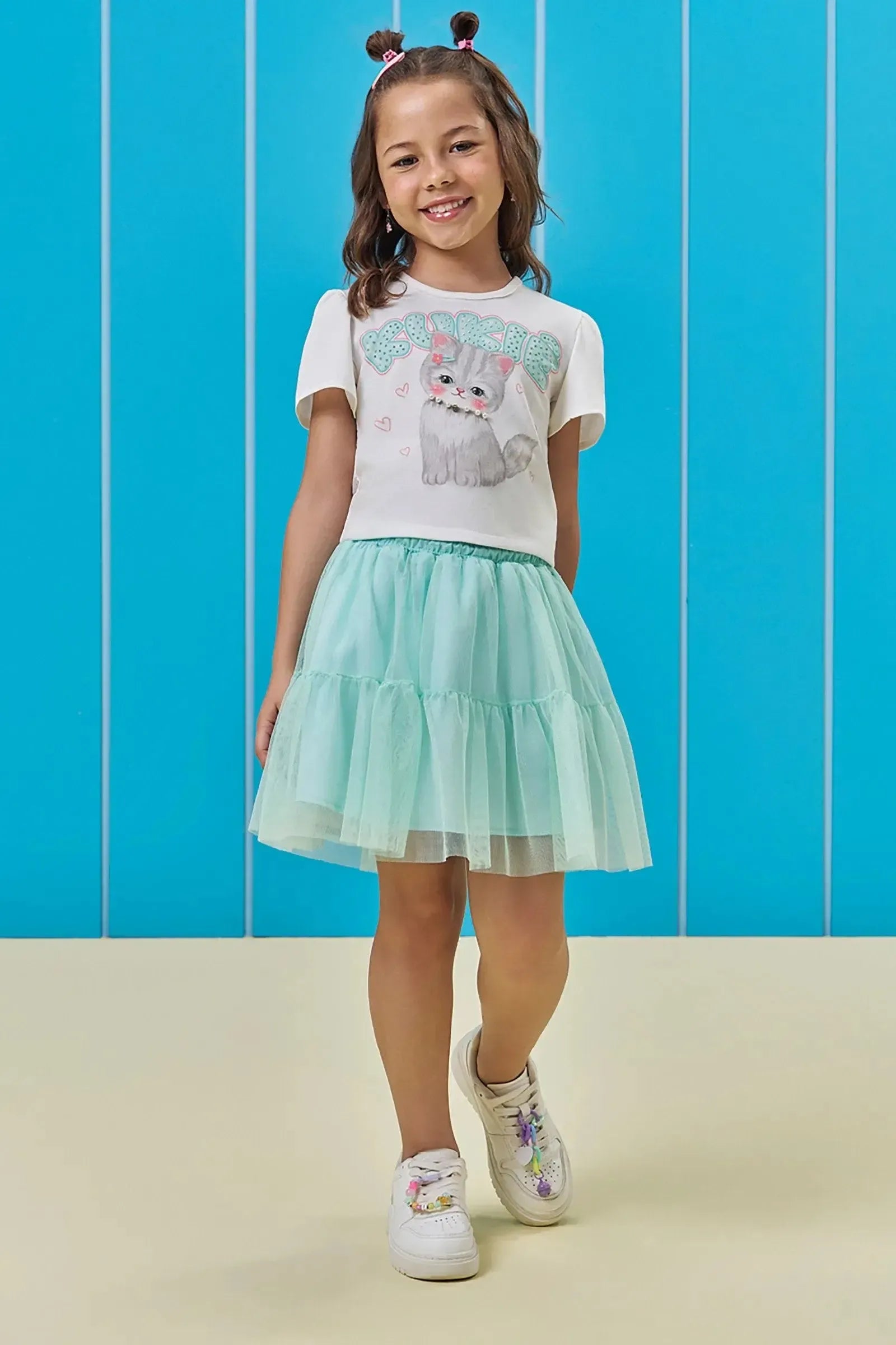 Conjunto de Blusa em Mela Malha e Saia em Tule com Elastano com Shorts Embutido 93633 Kukiê Infantil Menina