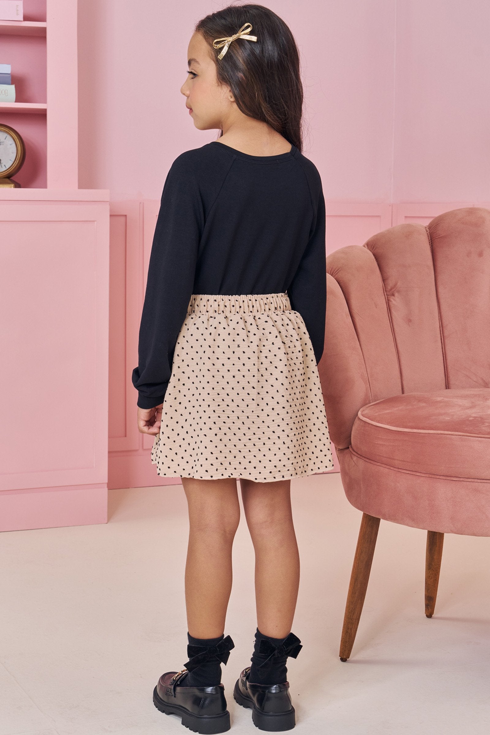 Conjunto de Blusa em Molevisco e Saia em Crepe Textura Poá (com Shorts Embutido) 91817 Kukiê Infantil Menina