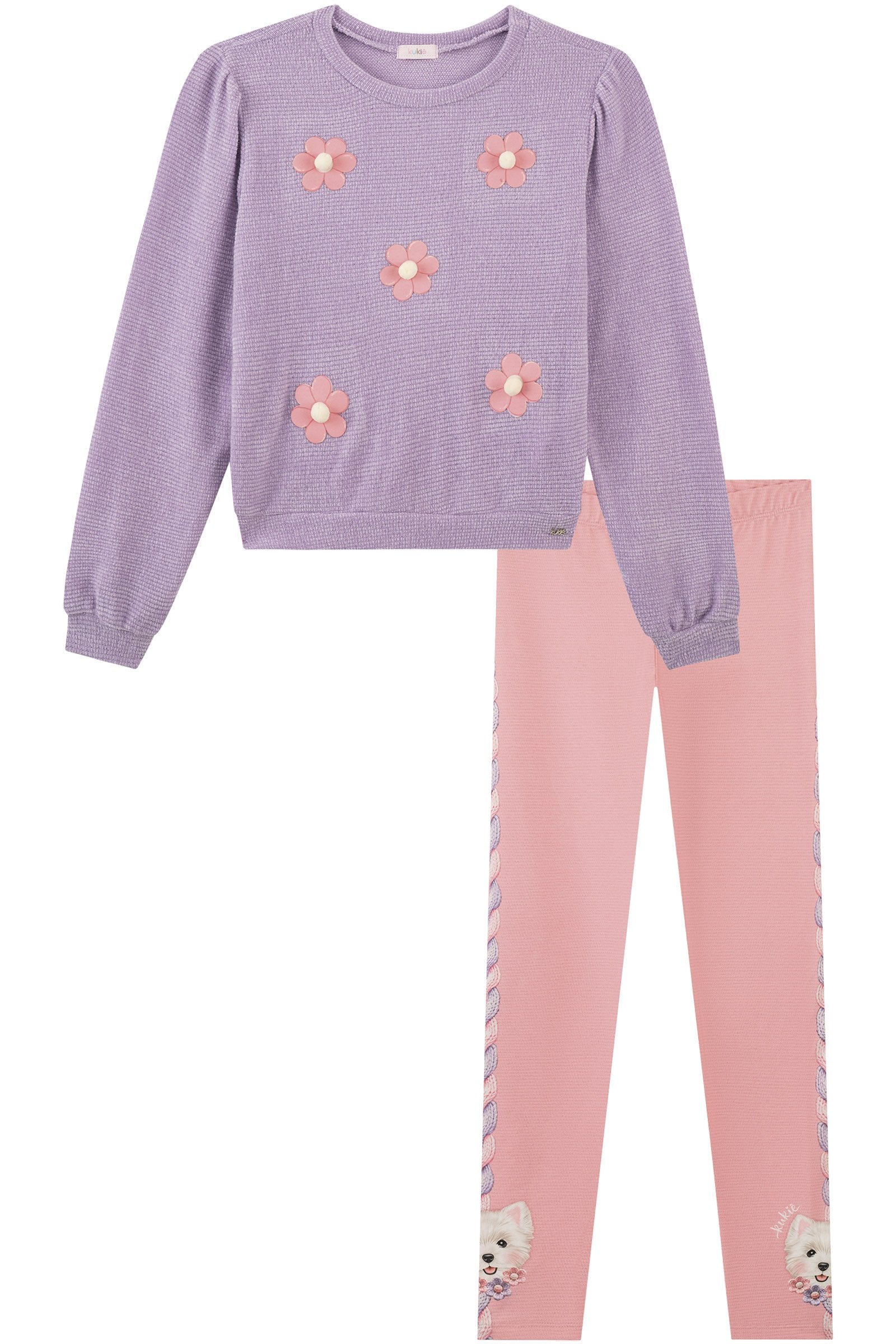 Conjunto de Blusão em Malha Tricot e Legging em Termoskin Peluciado 94109 Kukiê Infantil Menina