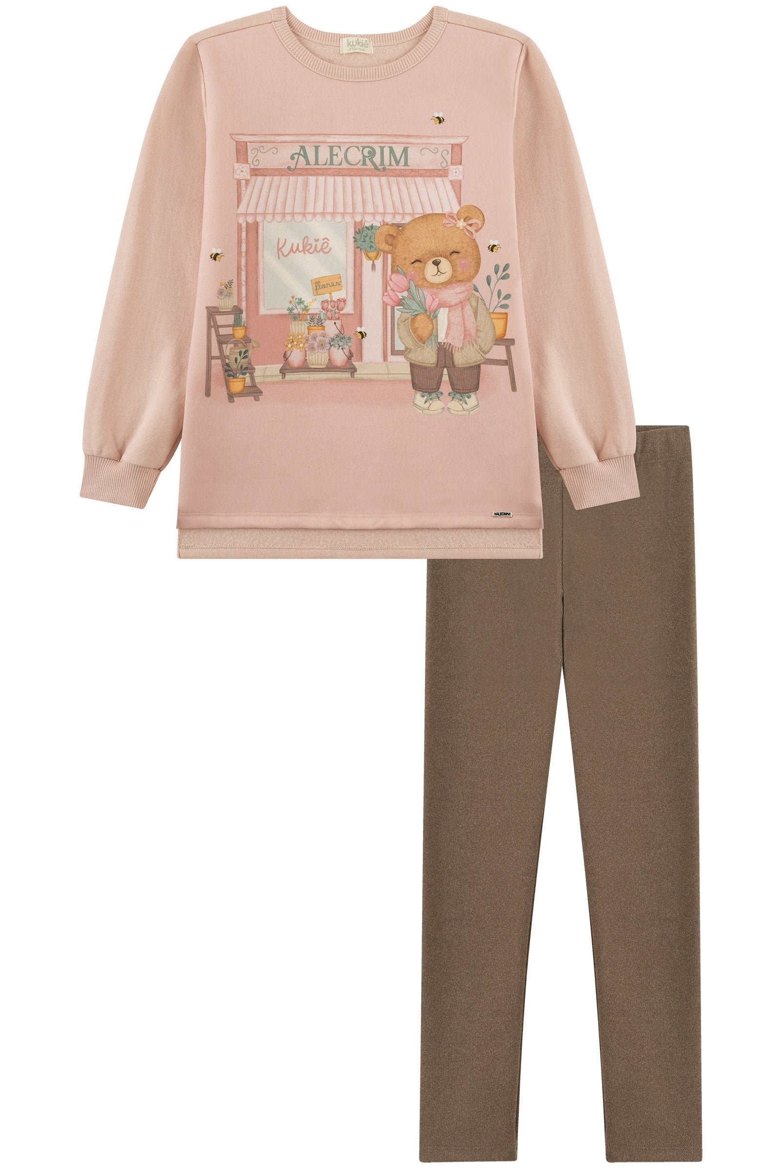 Conjunto de Blusão Alongado em Moletom com Pelúcia e Calça Legging em Canelado Comfy 89561 Kukiê Infantil Menina