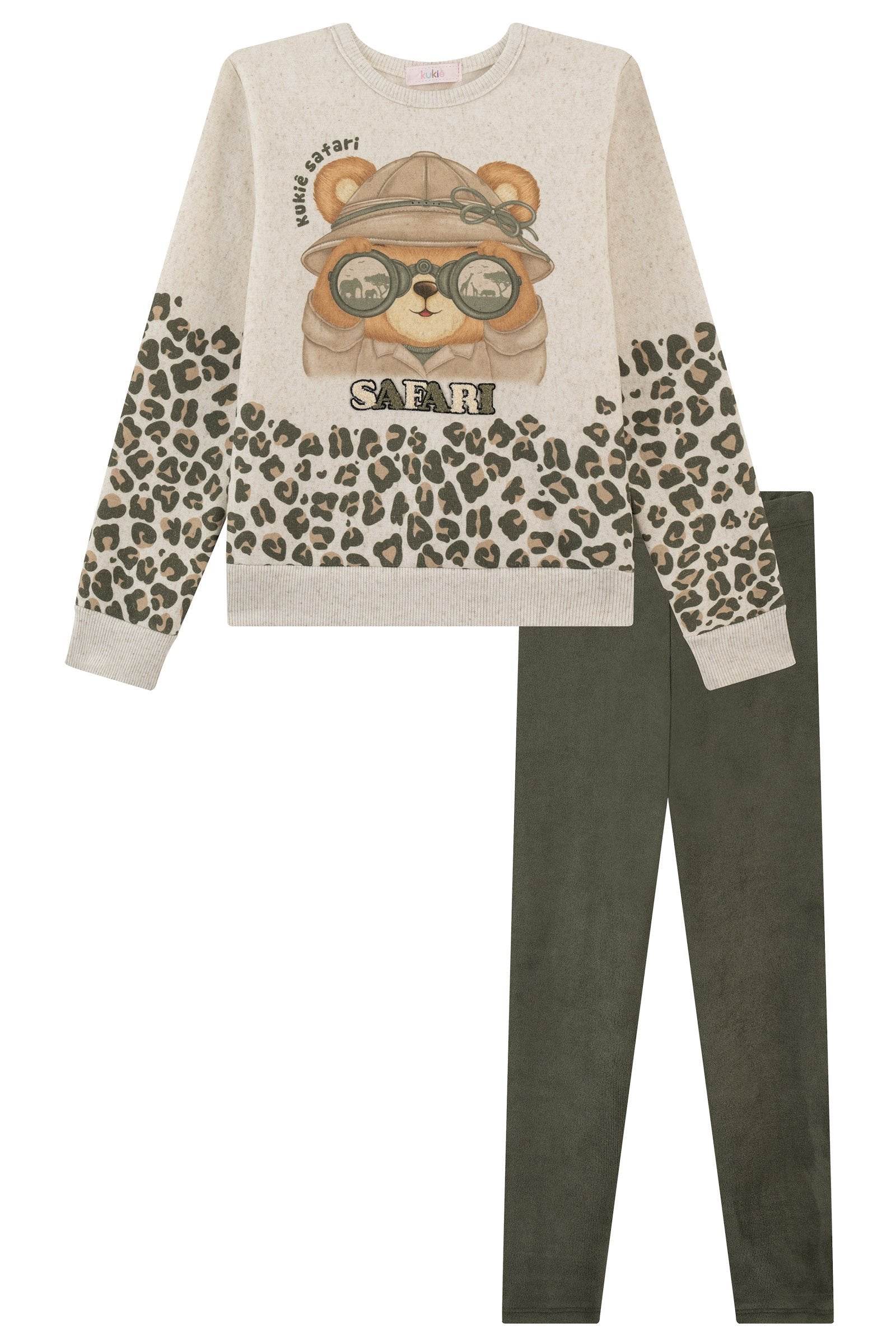 Conjunto de Blusão Alongado em Moletom Linho com Pelúcia e Calça Legging em Cotelê 90578 Kukiê Infantil Menina