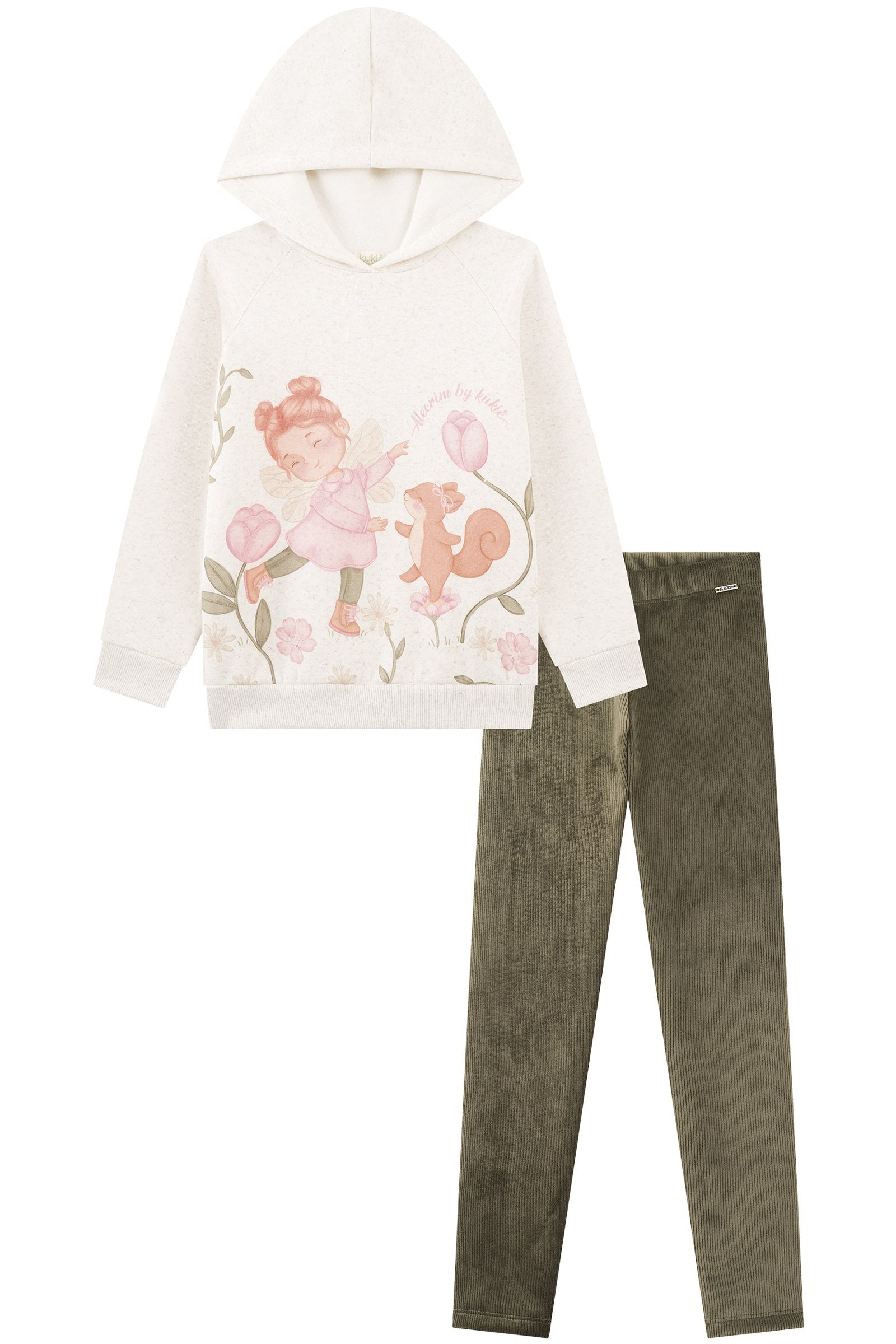 Conjunto de Blusão Alongado em Moletom Linho com Pelúcia e Calça Legging em Cotelê Suede 89911 Kukiê Infantil Menina