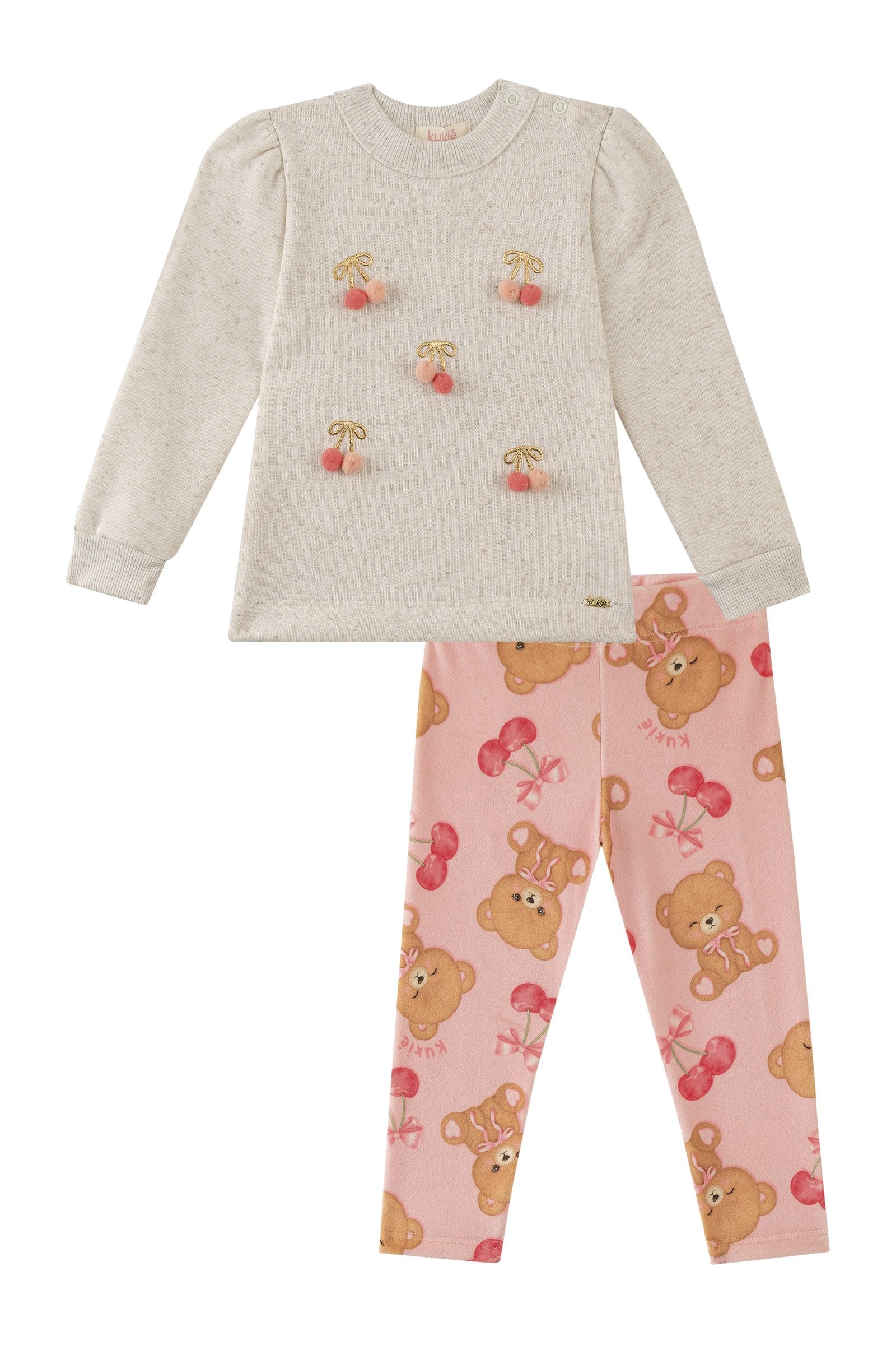 Conjunto de Blusão Alongado em Moletom Linho com Pelúcia e Calça Legging em Fleece Luxo 90601 Kukiê Bebê Menina