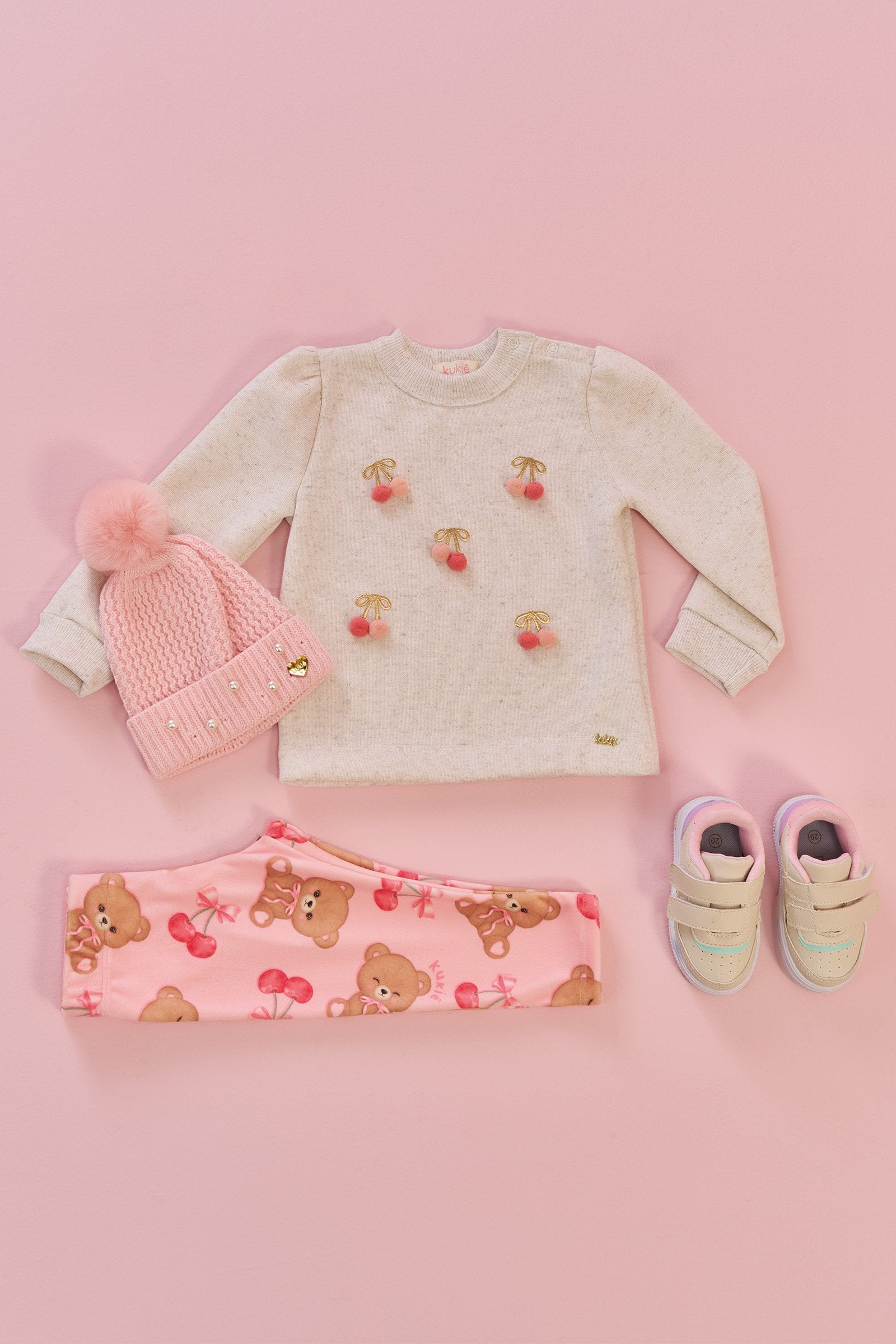 Conjunto de Blusão Alongado em Moletom Linho com Pelúcia e Calça Legging em Fleece Luxo 90601 Kukiê Bebê Menina