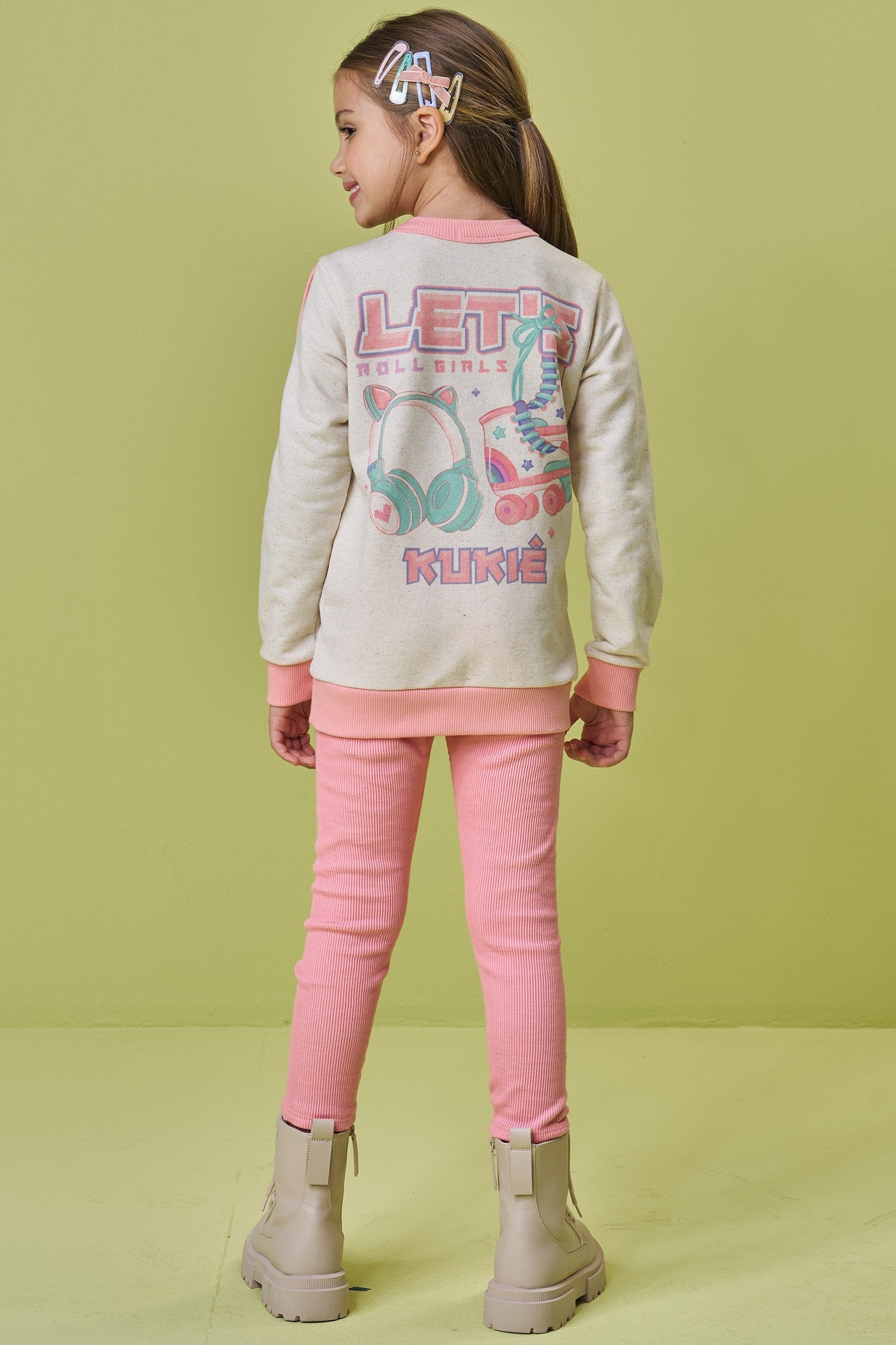 Conjunto de Blusão Alongado em Moletom Linho S/ Pelúcia e Calça Legging em Soft Line 90654 Kukiê Infantil Menina