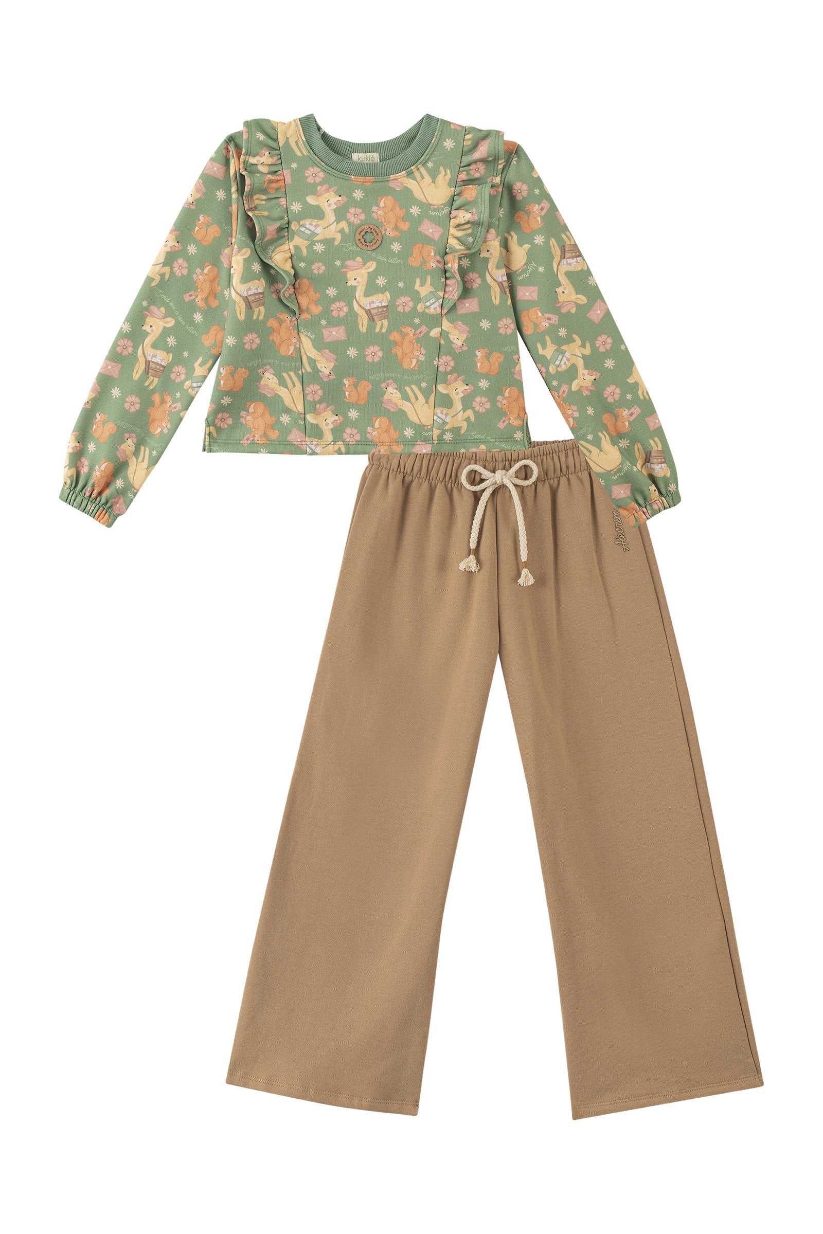 Conjunto de Blusão Boxy e Calça Wide Leg em Moletom com Pelúcia 89907 Kukiê Infantil Menina