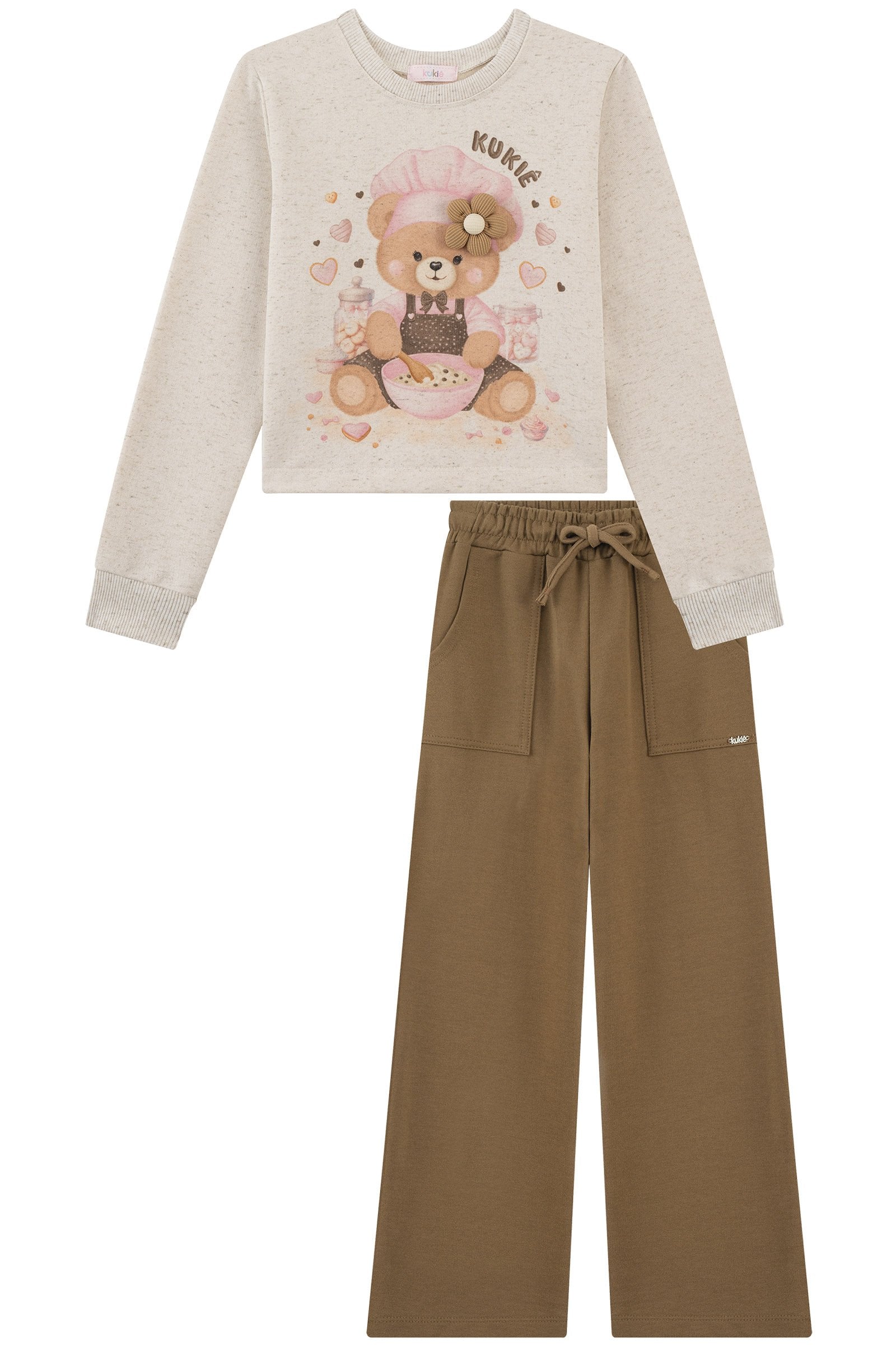 Conjunto de Blusão Boxy e Calça Wide Leg em Moletom sem Pelúcia 91691 Kukiê Infantil Menina