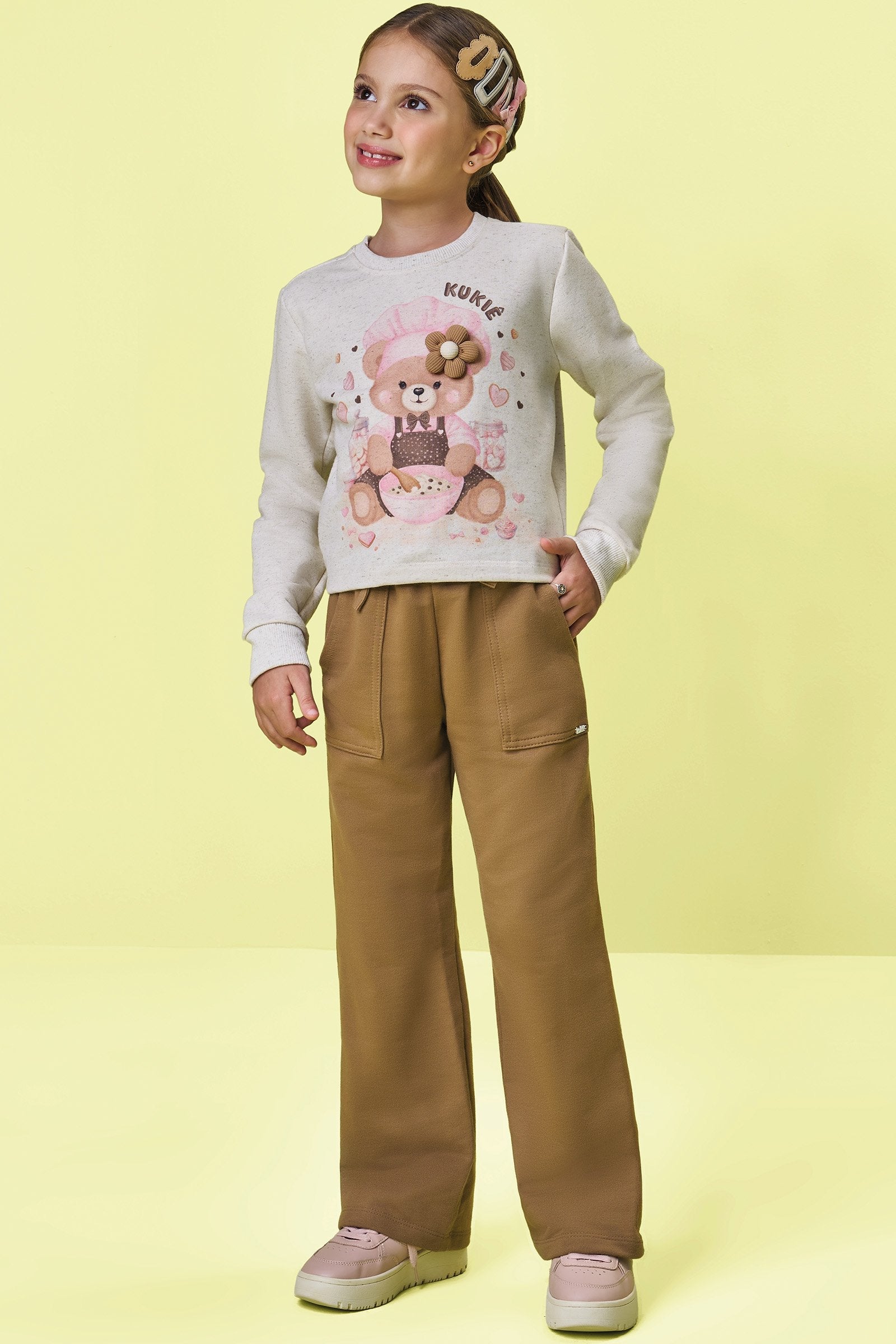Conjunto de Blusão Boxy e Calça Wide Leg em Moletom sem Pelúcia 91691 Kukiê Infantil Menina