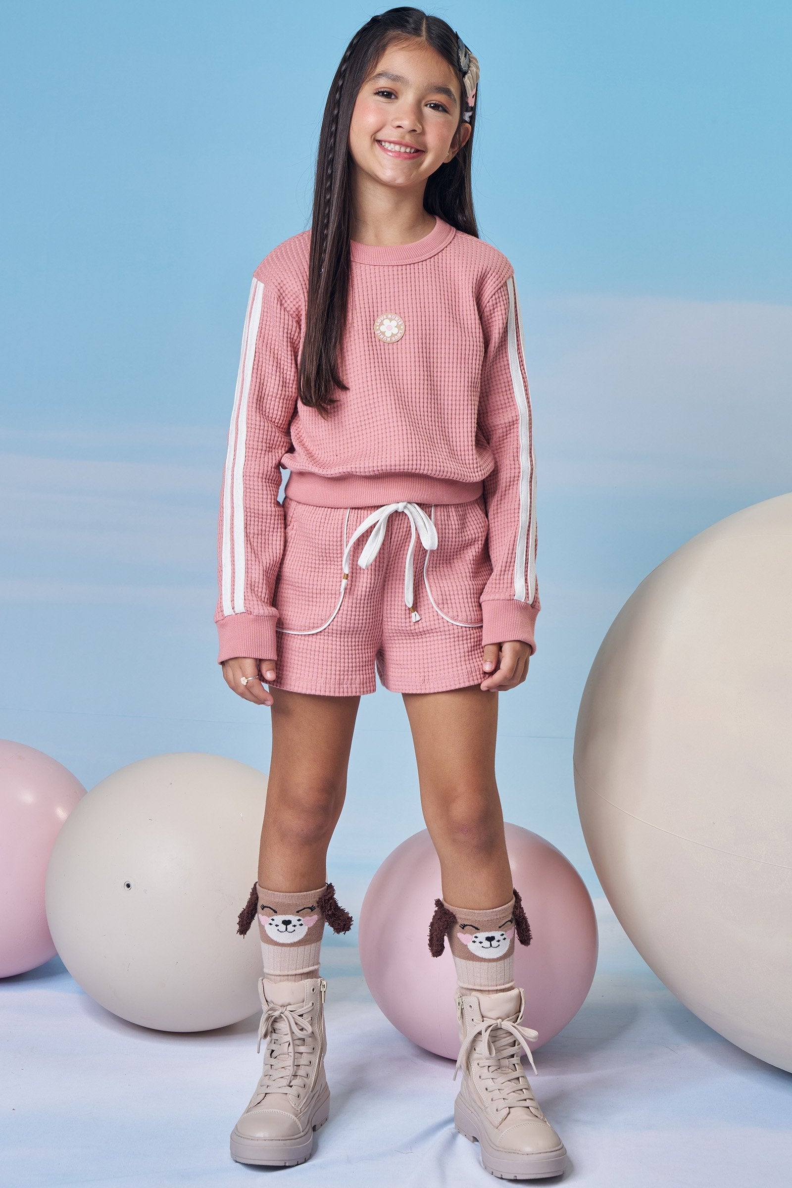 Conjunto de Blusão Boxy e Shorts em Moletom Big Waffle 90666 Kukiê Infantil Menina