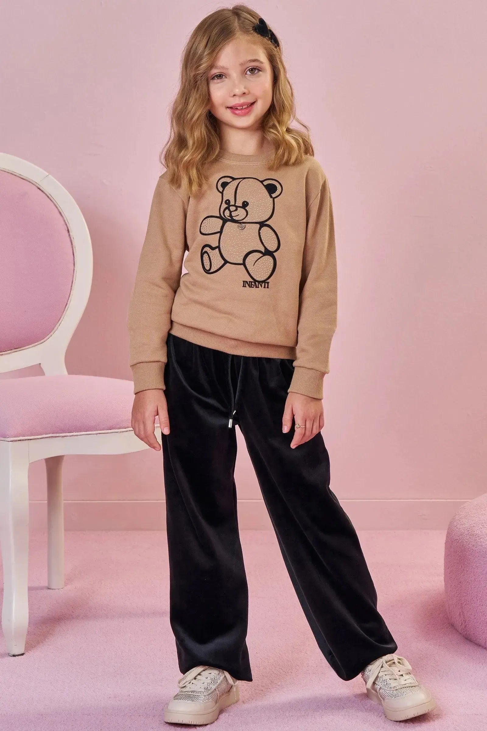 Conjunto de Blusão Boxy em Moletom com Pelúcia e Calça Wide Leg em Veludo com Elastano 92587 Infanti Infantil Menina
