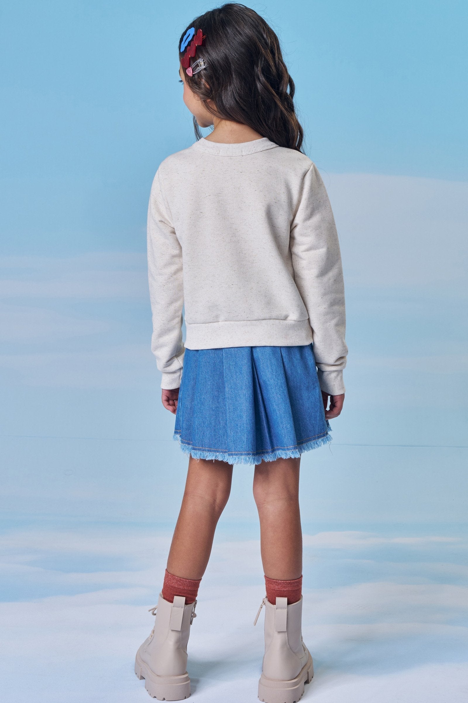 Conjunto de Blusão Boxy em Moletom Linho sem Pelúcia e Saia em Jeans 100% Algodão 90633 Kukiê Infantil Menina