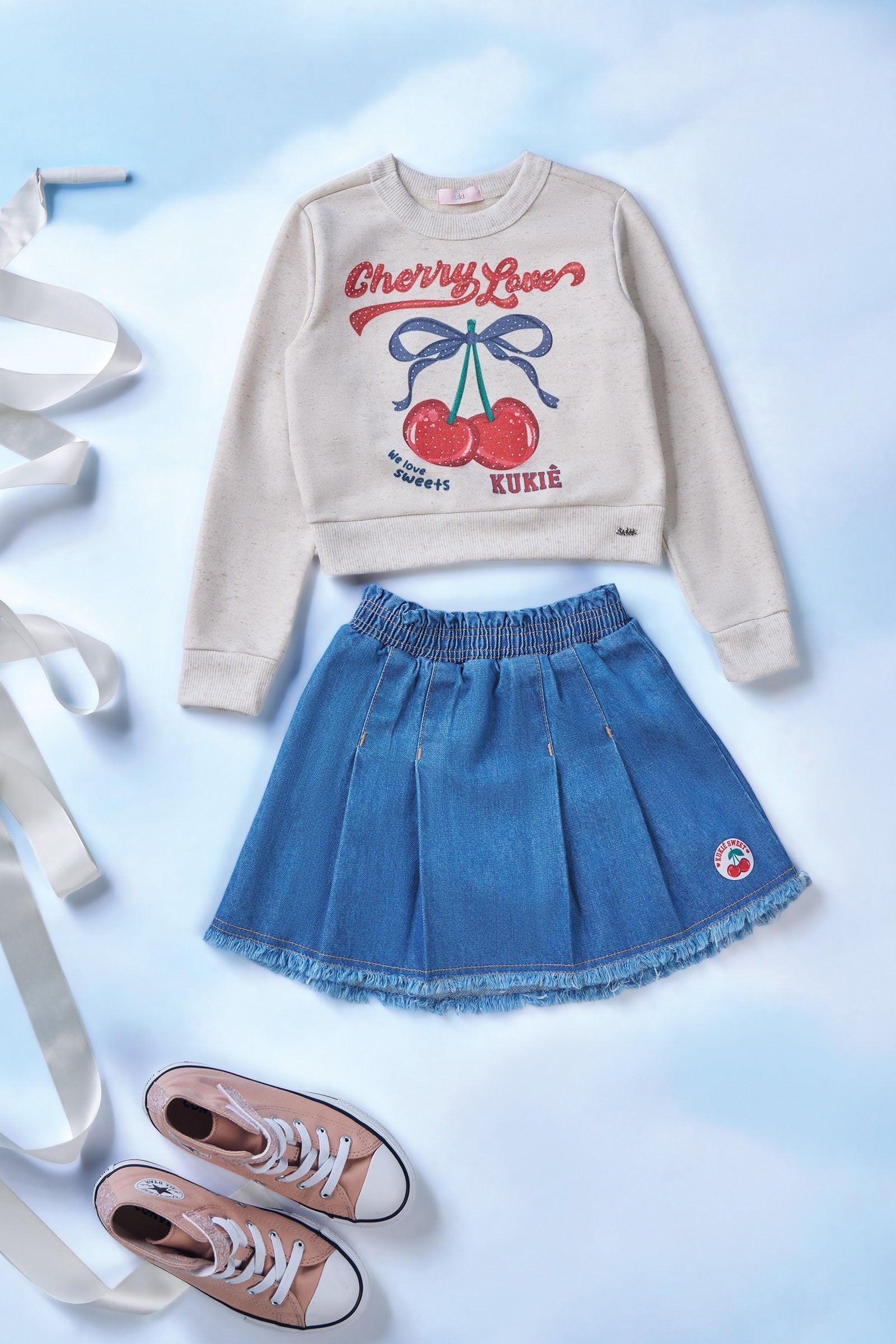 Conjunto de Blusão Boxy em Moletom Linho sem Pelúcia e Saia em Jeans 100% Algodão 90633 Kukiê Infantil Menina