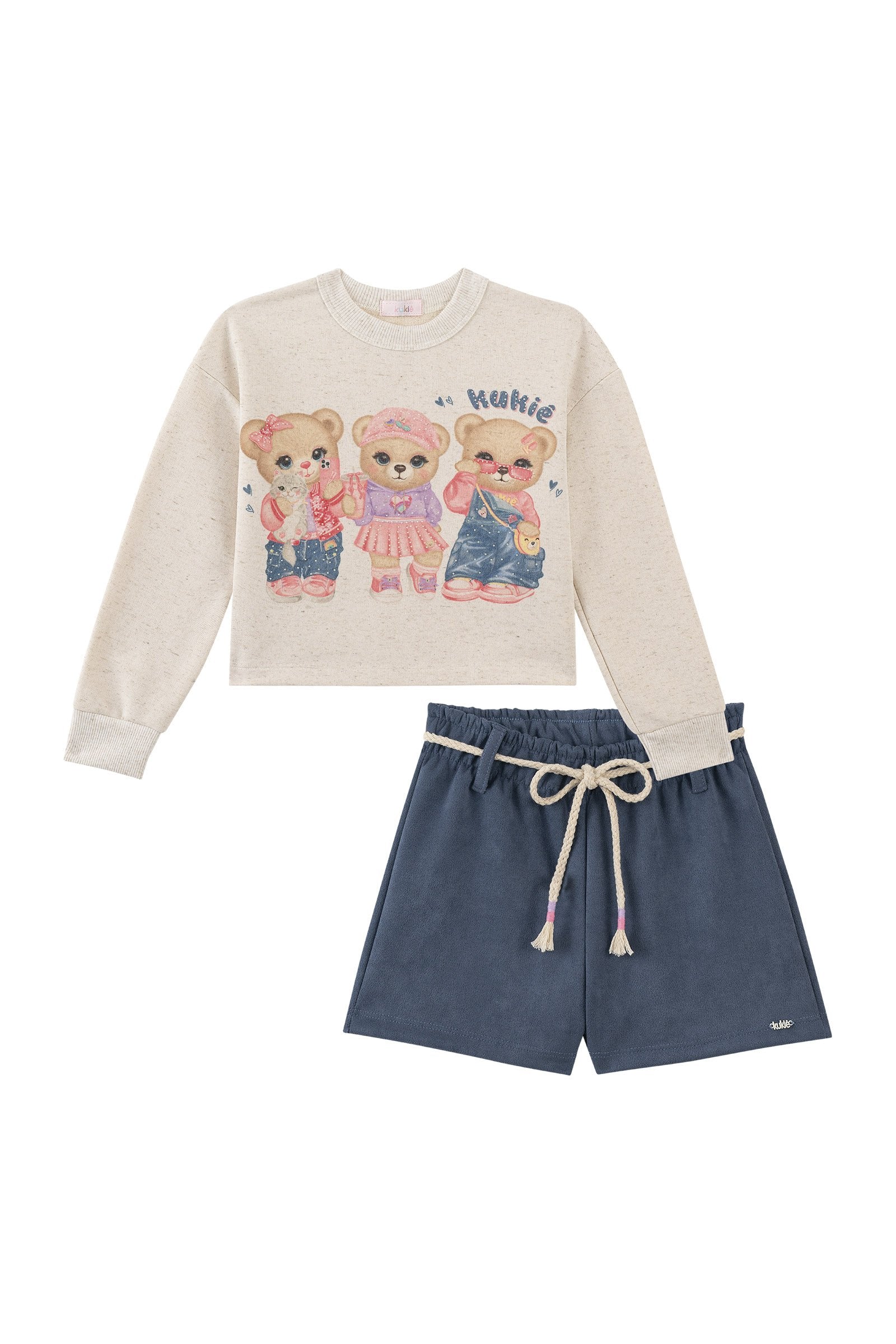 Conjunto de Blusão Boxy em Moletom Linho sem Pelúcia e Short em Scuba Suede 92649 Kukiê Infantil Menina