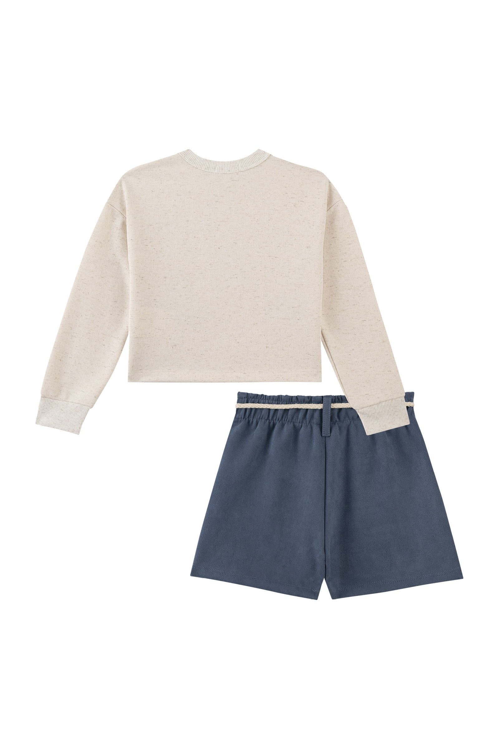 Conjunto de Blusão Boxy em Moletom Linho sem Pelúcia e Short em Scuba Suede 92649 Kukiê Infantil Menina