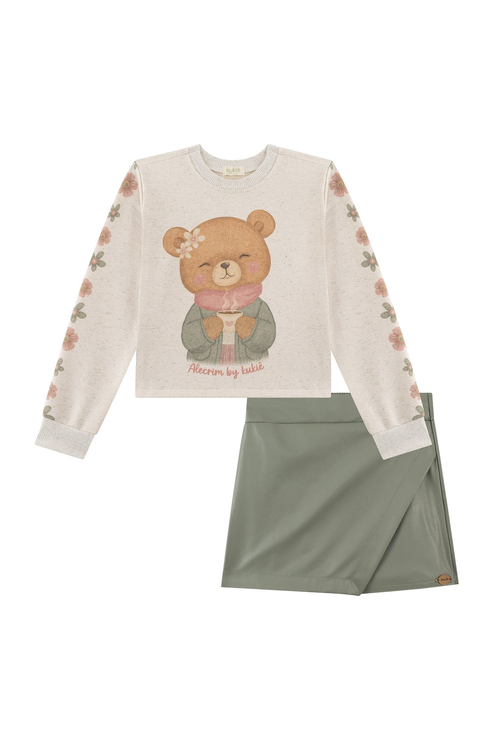 Conjunto de Blusão Boxy em Moletom Linho sem Pelúcia e Short Saia em Couro Eco 92451 Kukiê Infantil Menina