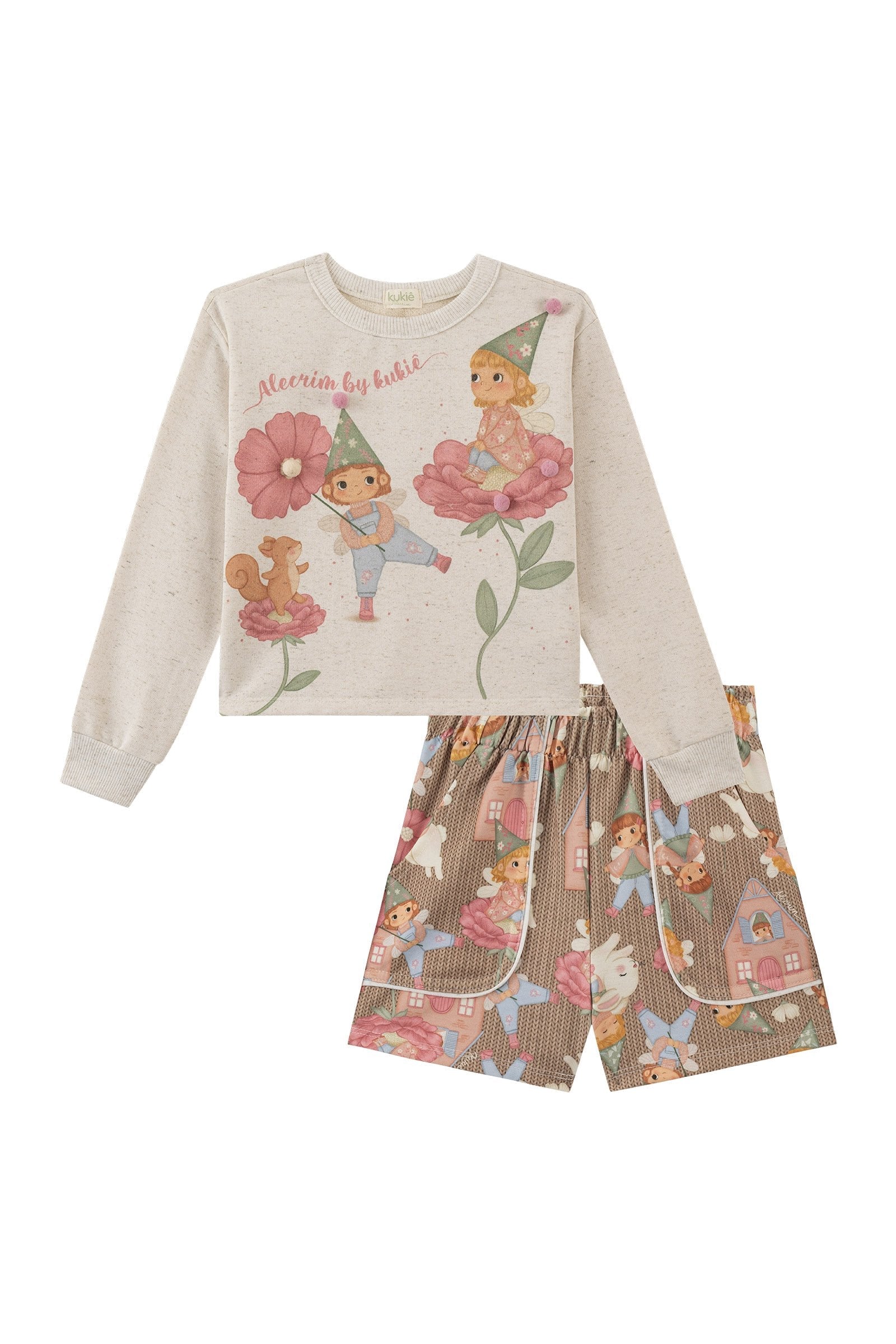 Conjunto de Blusão Boxy em Moletom Linho sem Pelúcia e Shorts em Molecotton 90273 Kukiê Infantil Menina