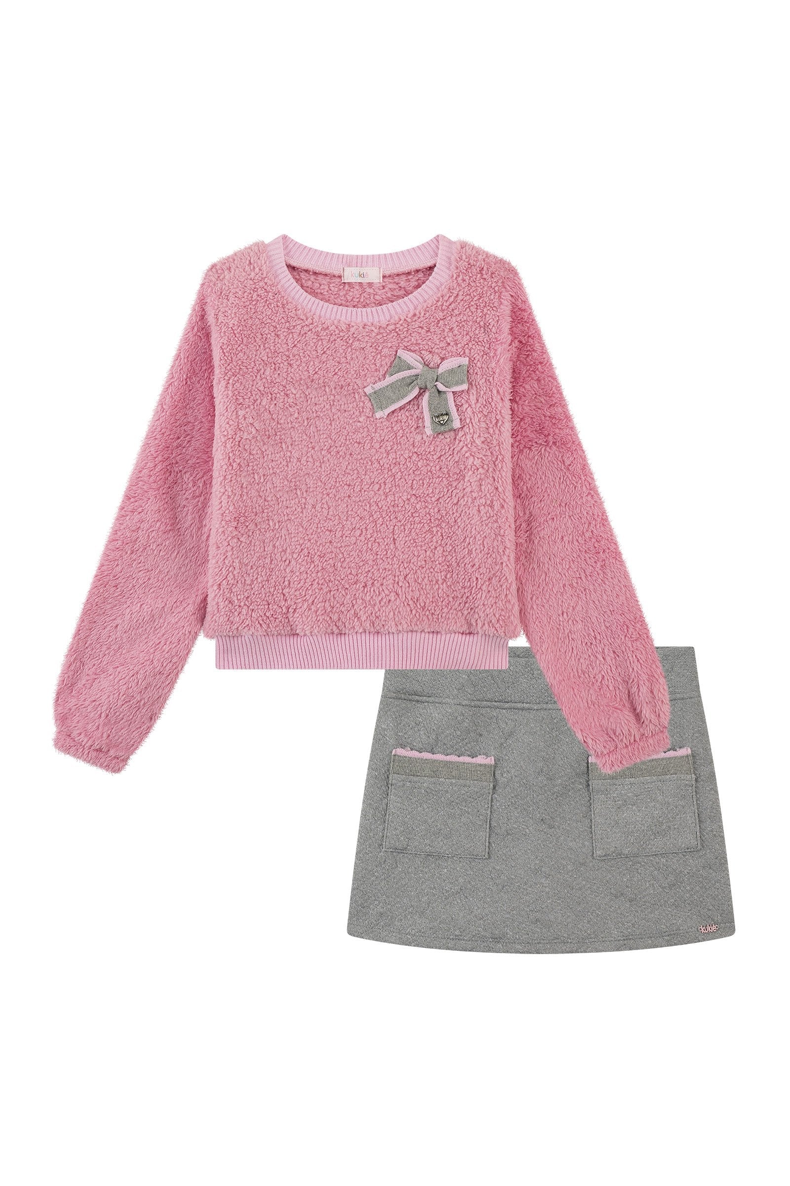 Conjunto de Blusão de Pelo Carneirinho e Short Saia em Malha Matelassê 90824 Kukiê Infantil Menina