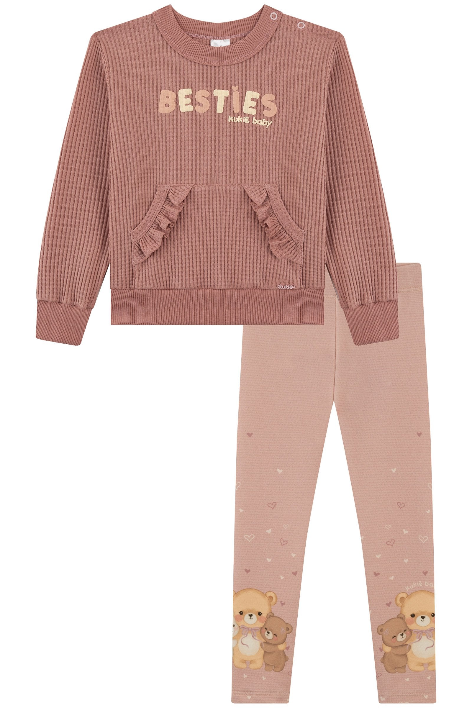 Conjunto de Blusão em Big Waffle e Calça Legging em Molecotton 92225 Kukiê Bebê Menina