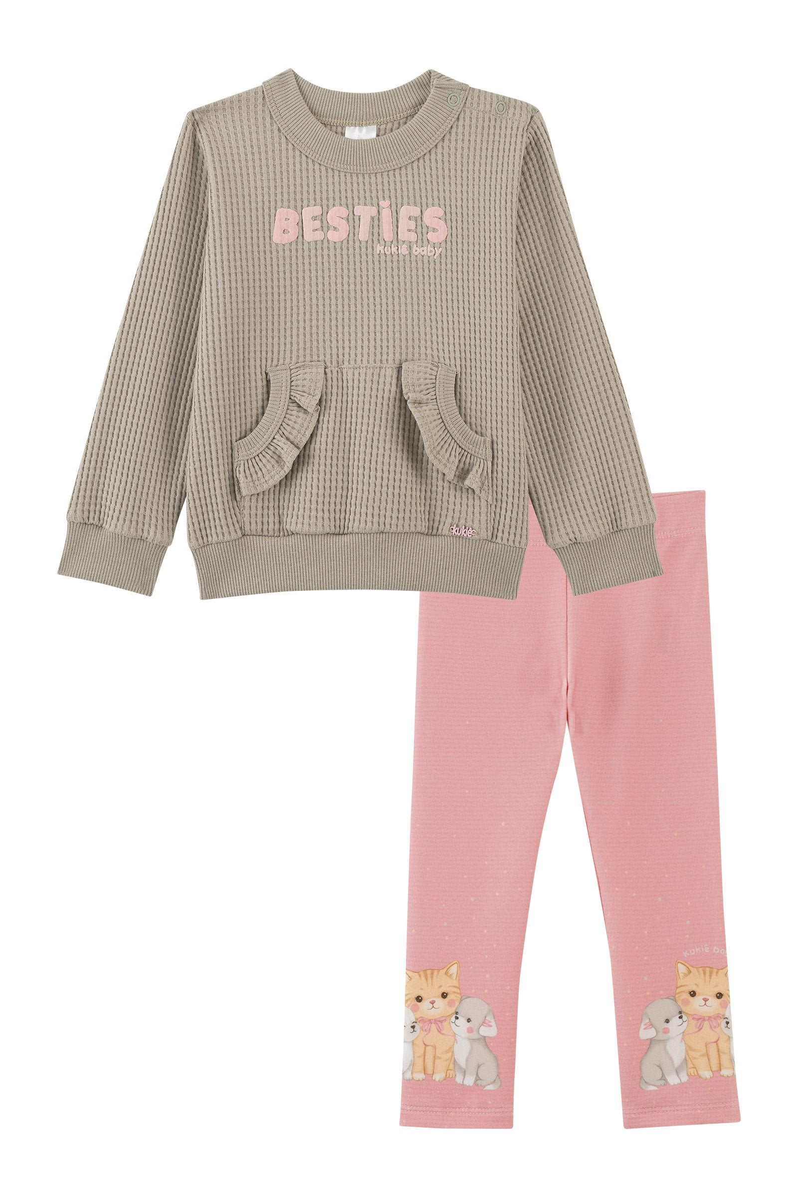Conjunto de Blusão em Big Waffle e Calça Legging em Molecotton 92234 Kukiê Bebê Menina