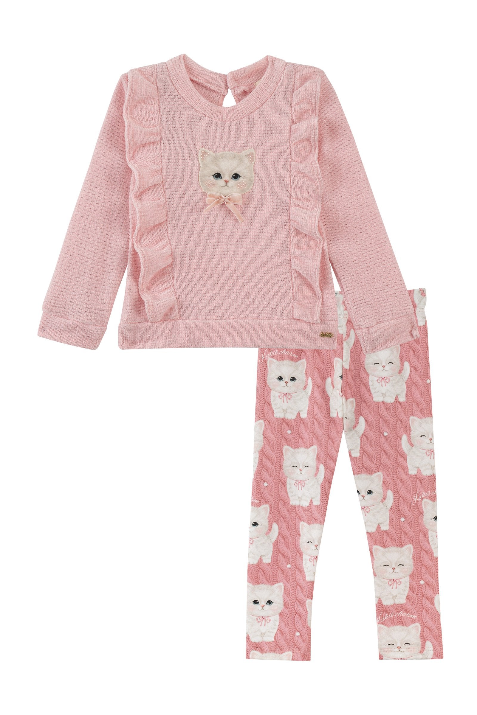 Conjunto de Blusão em Malha Tricot e Calça Legging em Termoskin Peluciado 94047 Kukiê Bebê Menina